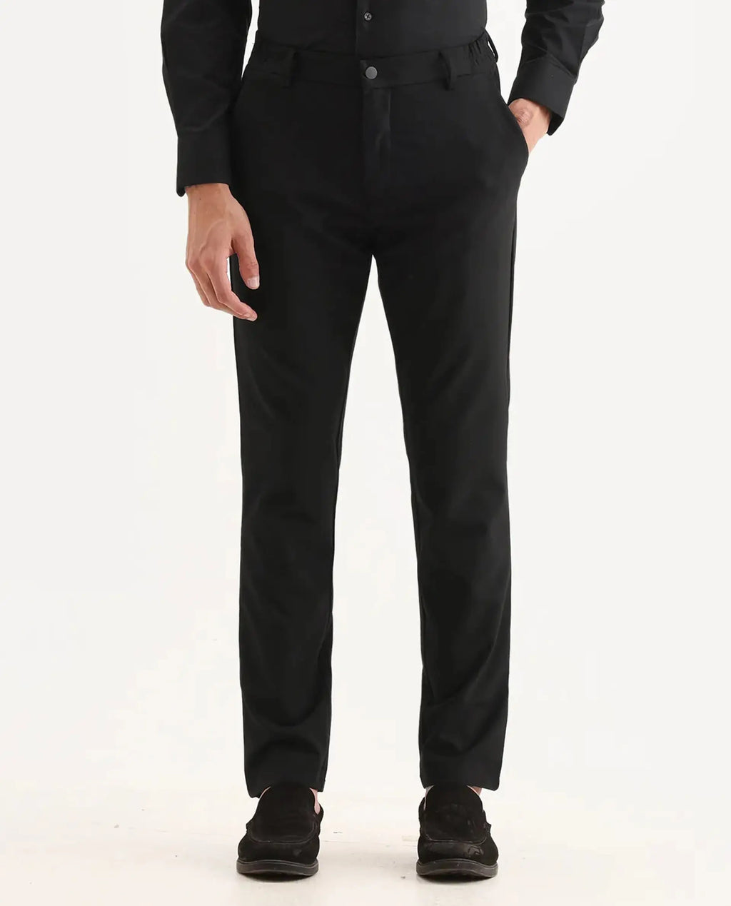 Rare Rabbit Men's Travel-11 Black Polyester Blend Plain Regular Fit Trouser