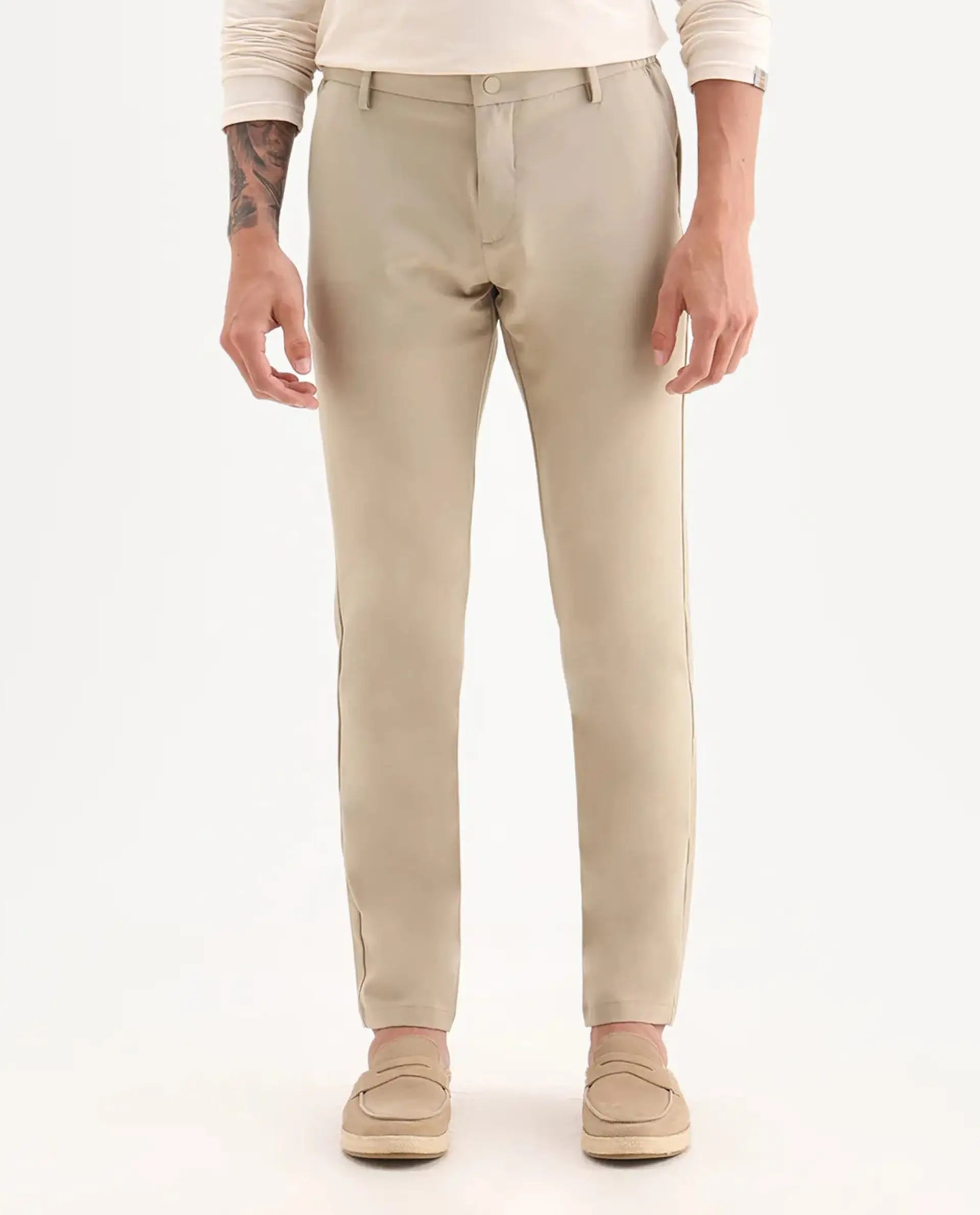 Rare Rabbit Men's Traveller Beige Solid Mid-Rise Regular Fit Trouser