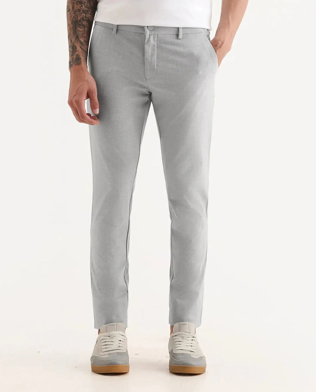 Rare Rabbit Men's Travellers Light Grey Solid Mid-Rise Regular Fit Trouser