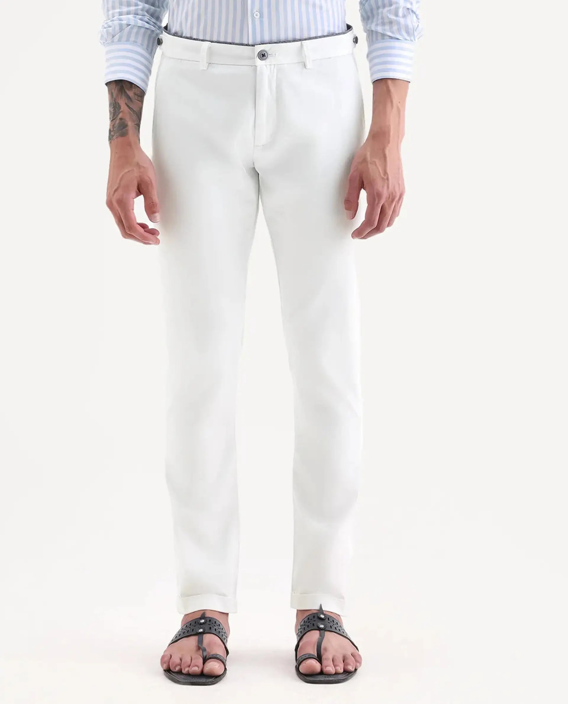 Rare Rabbit Men's Trews-22 White Cotton Plain Regular Fit Trouser