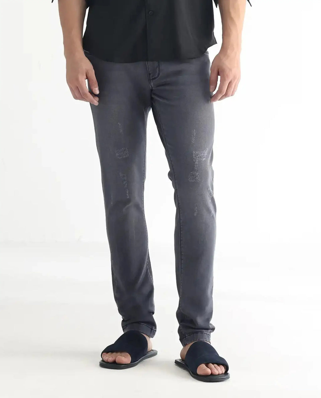 Rare Rabbit Men's Velles Dark Grey Cotton Plain Hawk Slim Fit Jeans