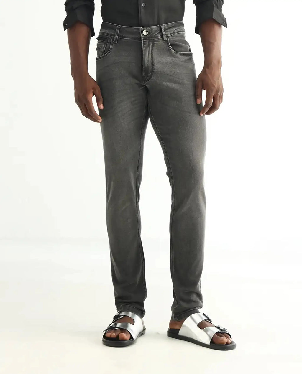 Rare Rabbit Men's Veu Grey Cotton Plain Hawk Slim Fit Jeans