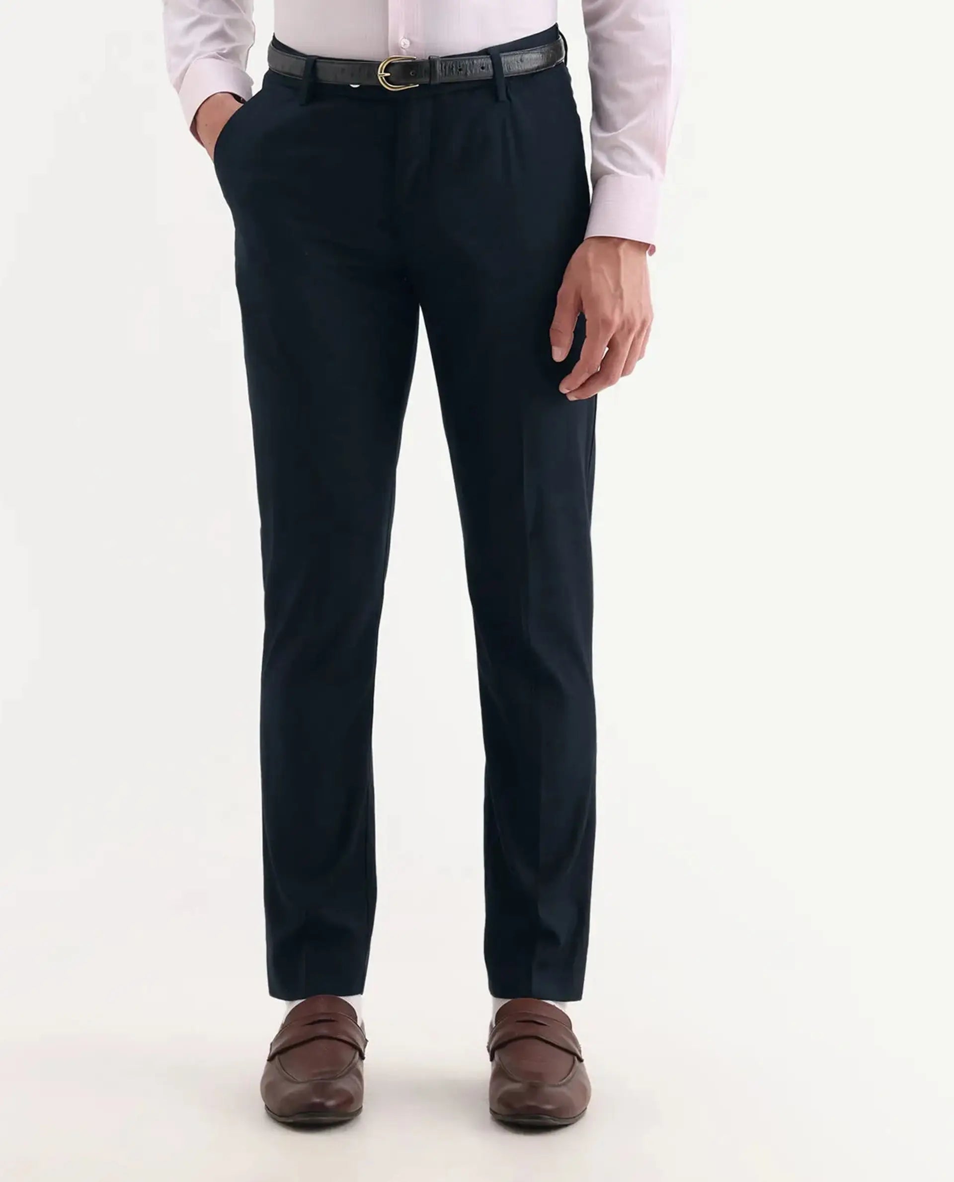 Rare Rabbit Men's Vitaro Navy Polyester Plain Regular Fit Trouser
