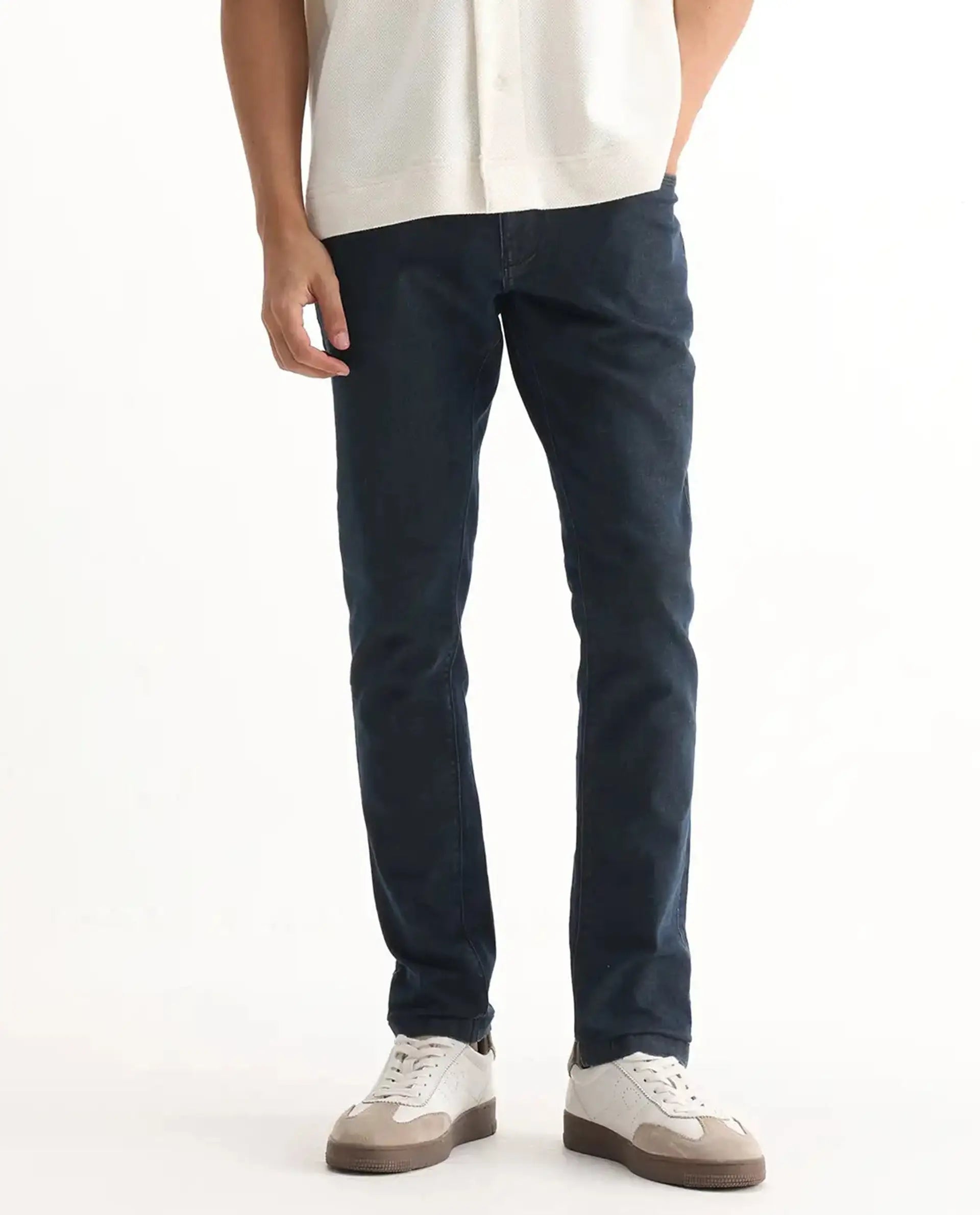 Rare Rabbit Men's Wells Navy Cotton Plain Hawk Slim Fit Jeans