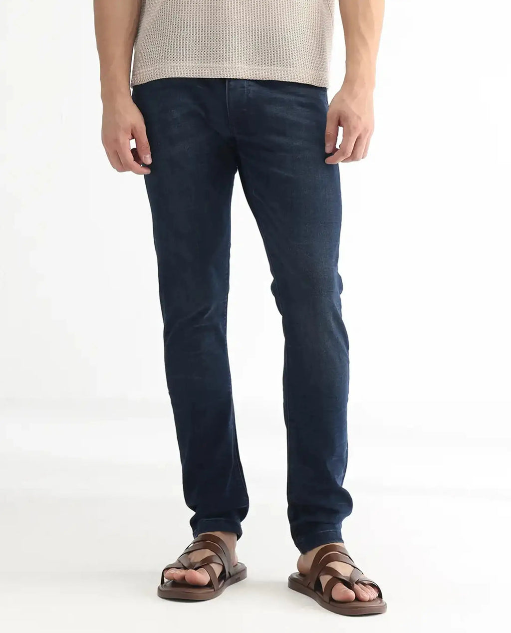 Rare Rabbit Men's Yoshi Dark Blue Cotton Plain Hawk Slim Fit Jeans