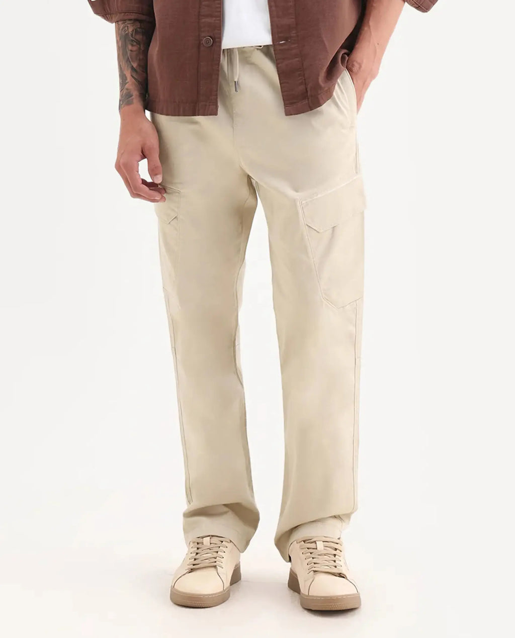 Rare Rabbit Men's Zudi Beige Cotton Plain Regular Fit Trouser