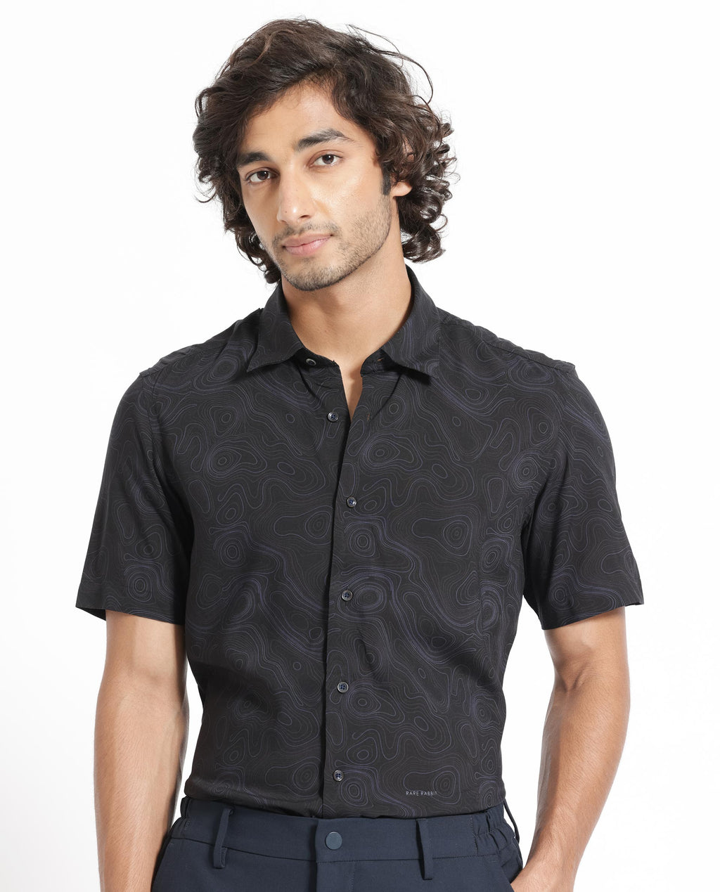 Rare Rabbit Men's Ignitee Ss Black Cotton Abstract Print Regular Fit Half Sleeve Collared Shirt