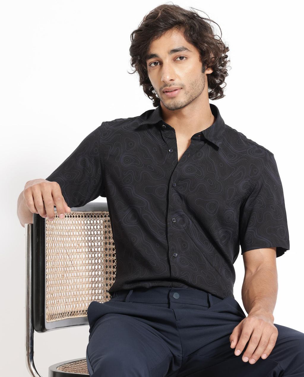 Rare Rabbit Men's Ignitee Ss Black Cotton Abstract Print Regular Fit Half Sleeve Collared Shirt