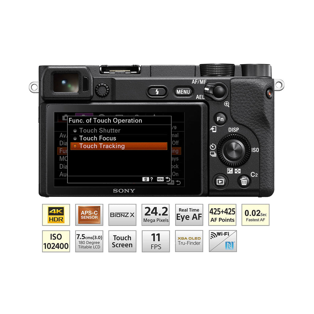 Sony Alpha 6400 E-mount Camera with APS-C Sensor (ILCE-6400M) | 24.2 MP Mirrorless Camera, 11 FPS, 4K/30p with a 18-135mm Power Zoom lens.