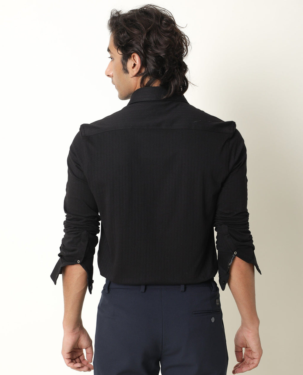 Rare Rabbit Men's Vertical Black Cotton Plain Regular Fit Full Sleeve Collared Shirt