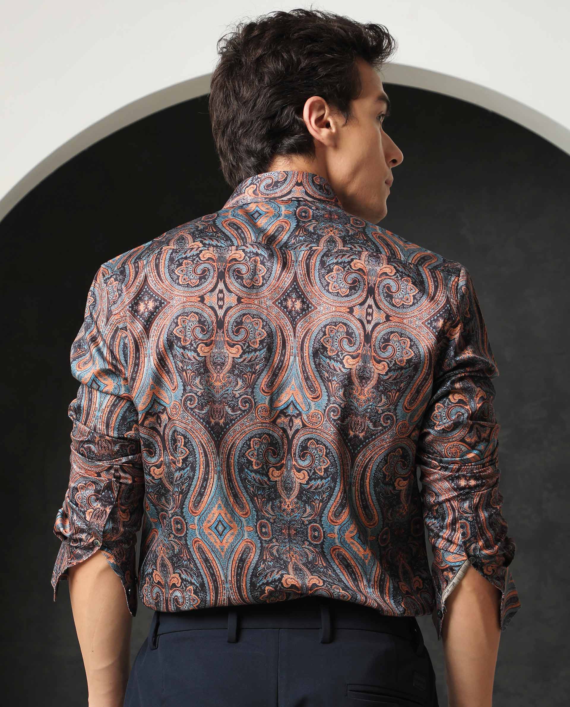 Rare Rabbit Men's Merger Navy Cotton Paisley Print Regular Fit Full Sleeve Collared Shirt