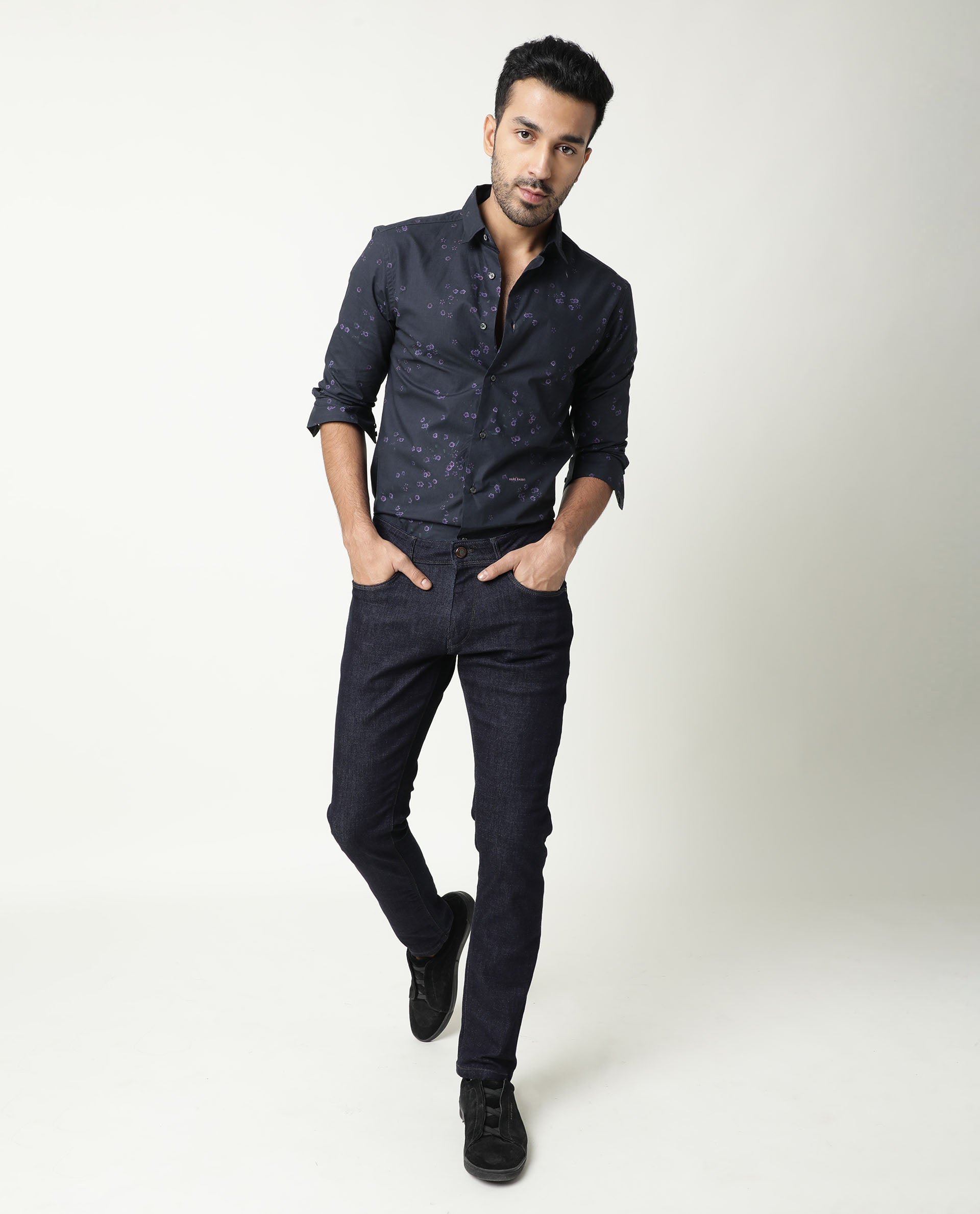 Rare Rabbit Men's Itxy Navy Cotton Graphic Print Regular Fit Full Sleeve Collared Shirt