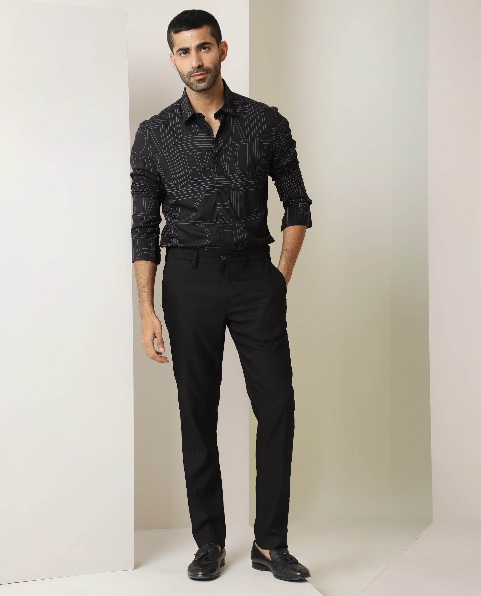 Rare Rabbit Men's Malfor Black Viscose Statement Print Regular Fit Full Sleeve Collared Shirt