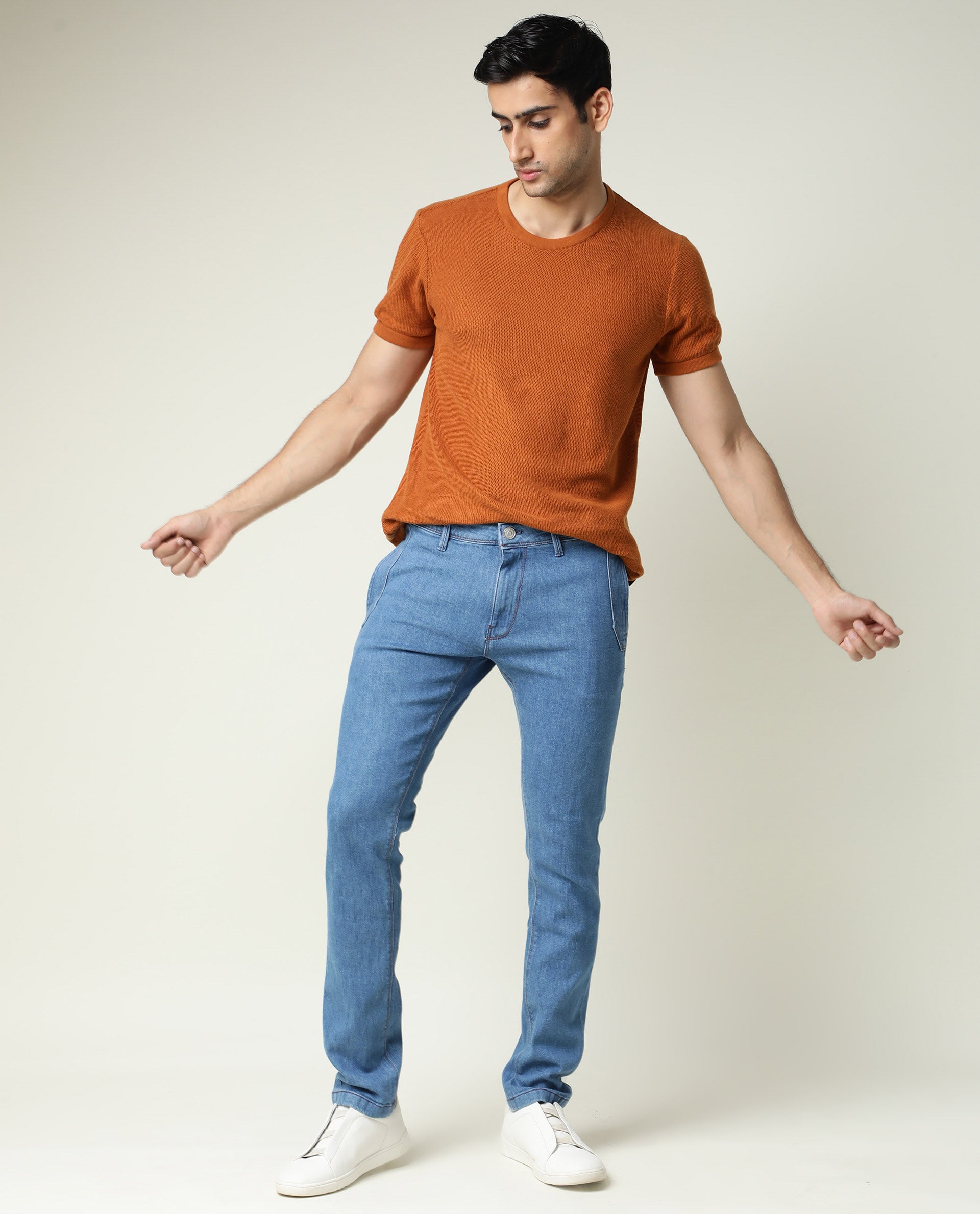 Rare Rabbit Men's Midtas Blue Cotton Plain Hawk Slim Fit Jeans