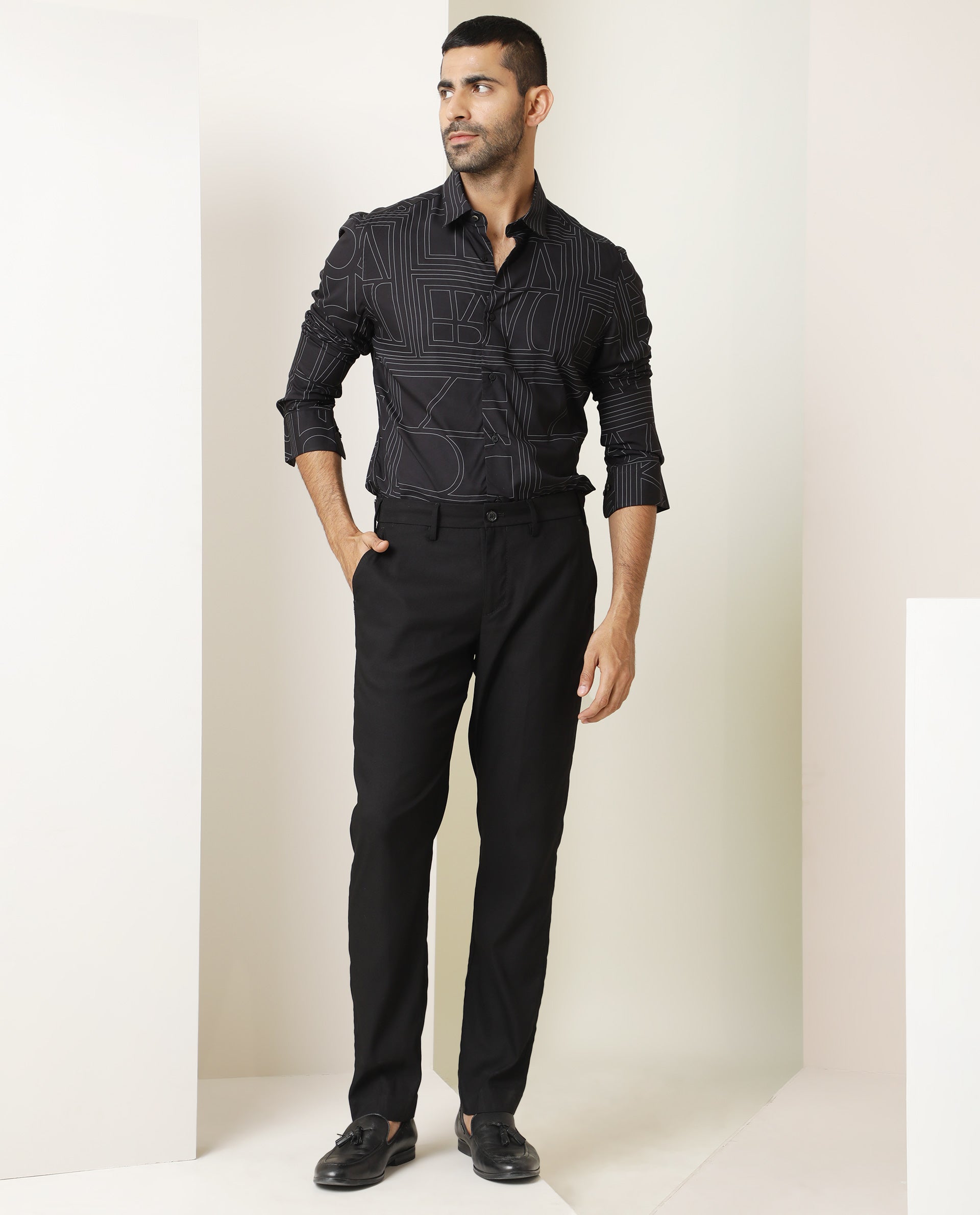 Rare Rabbit Men's Malfor Black Viscose Statement Print Regular Fit Full Sleeve Collared Shirt