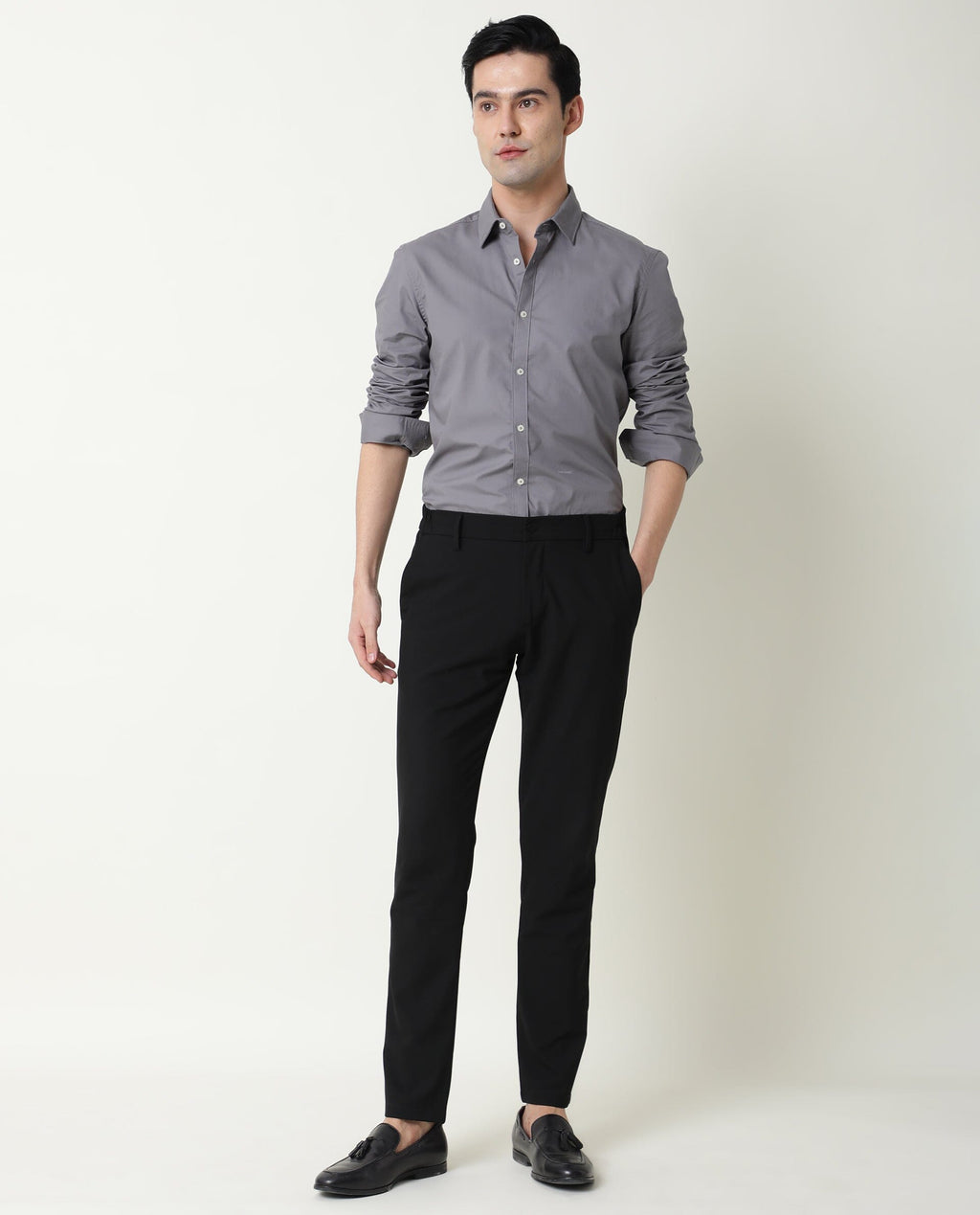 Rare Rabbit Men's Corpo-Zander Grey Cotton Regular Fit Full Sleeve Spread Collar Shirt