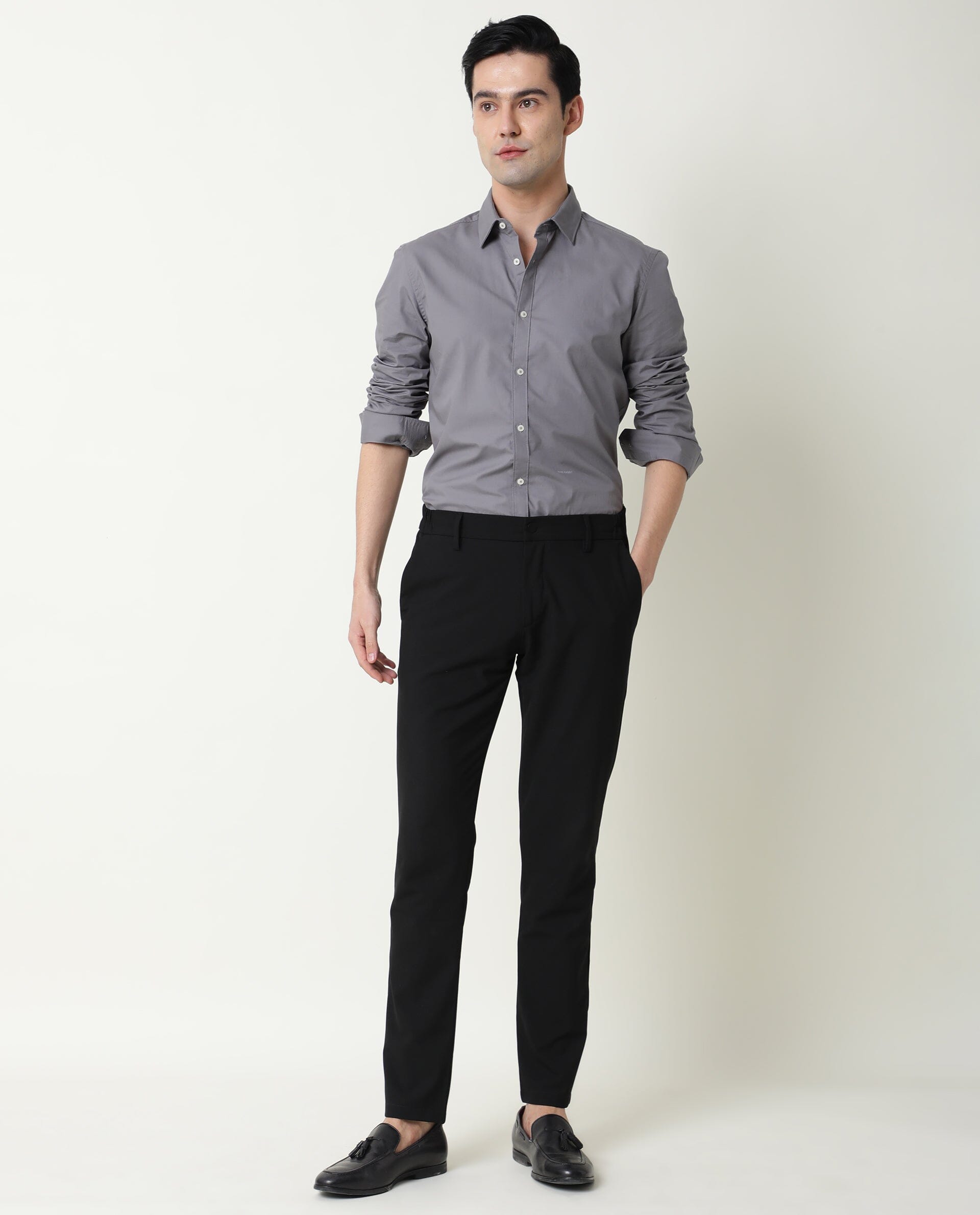 Rare Rabbit Men's Corpo-Zander Grey Cotton Regular Fit Full Sleeve Spread Collar Shirt