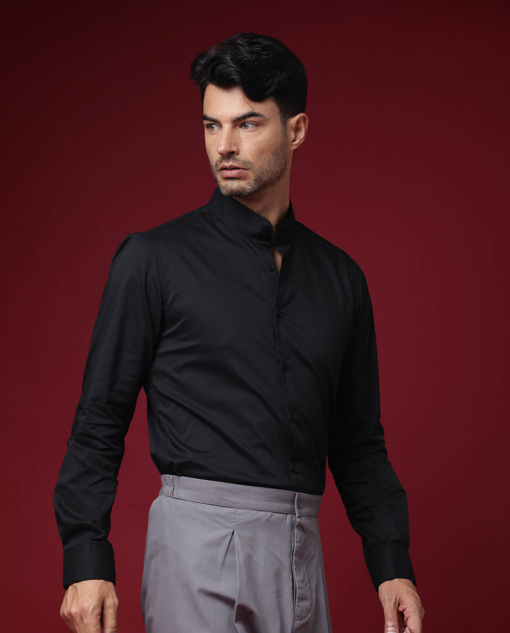 Rare Rabbit Men's Cox Black Polyester Plain Regular Fit Full Sleeve Mandarin Collar Shirt