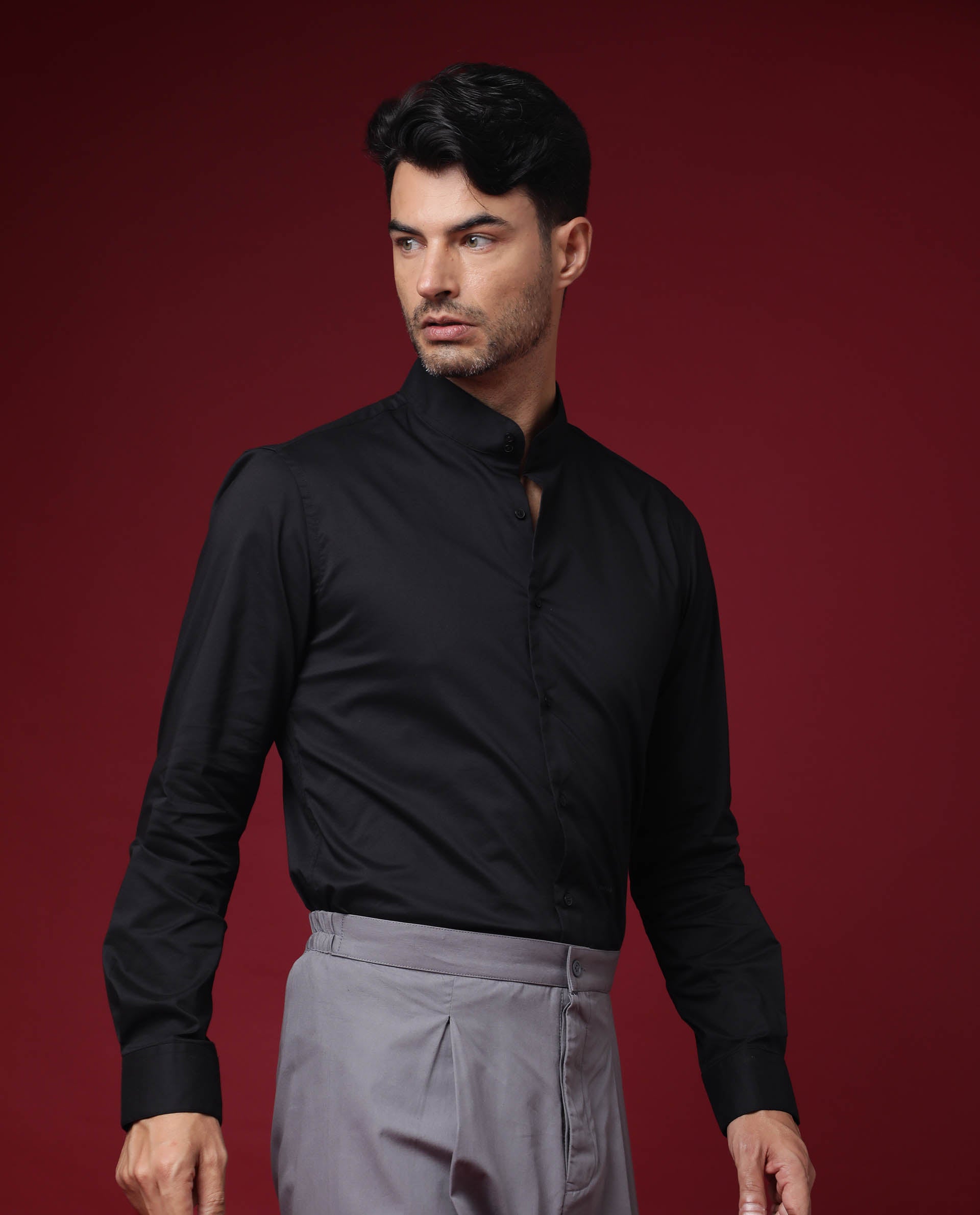 Rare Rabbit Men's Cox Black Polyester Plain Regular Fit Full Sleeve Mandarin Collar Shirt