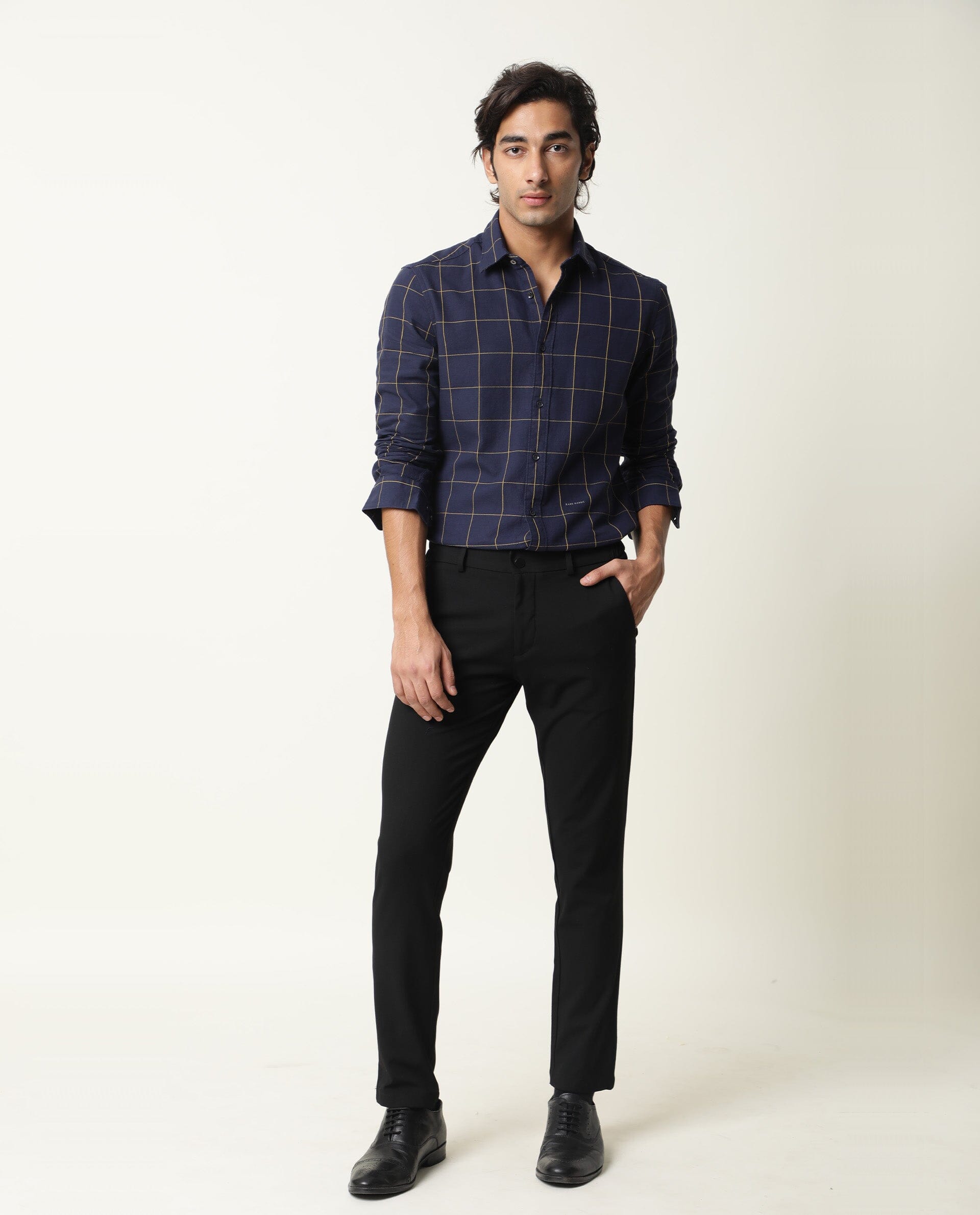 Rare Rabbit Men's Corneto Navy Cotton Checked Print Regular Fit Full Sleeve Collared Shirt