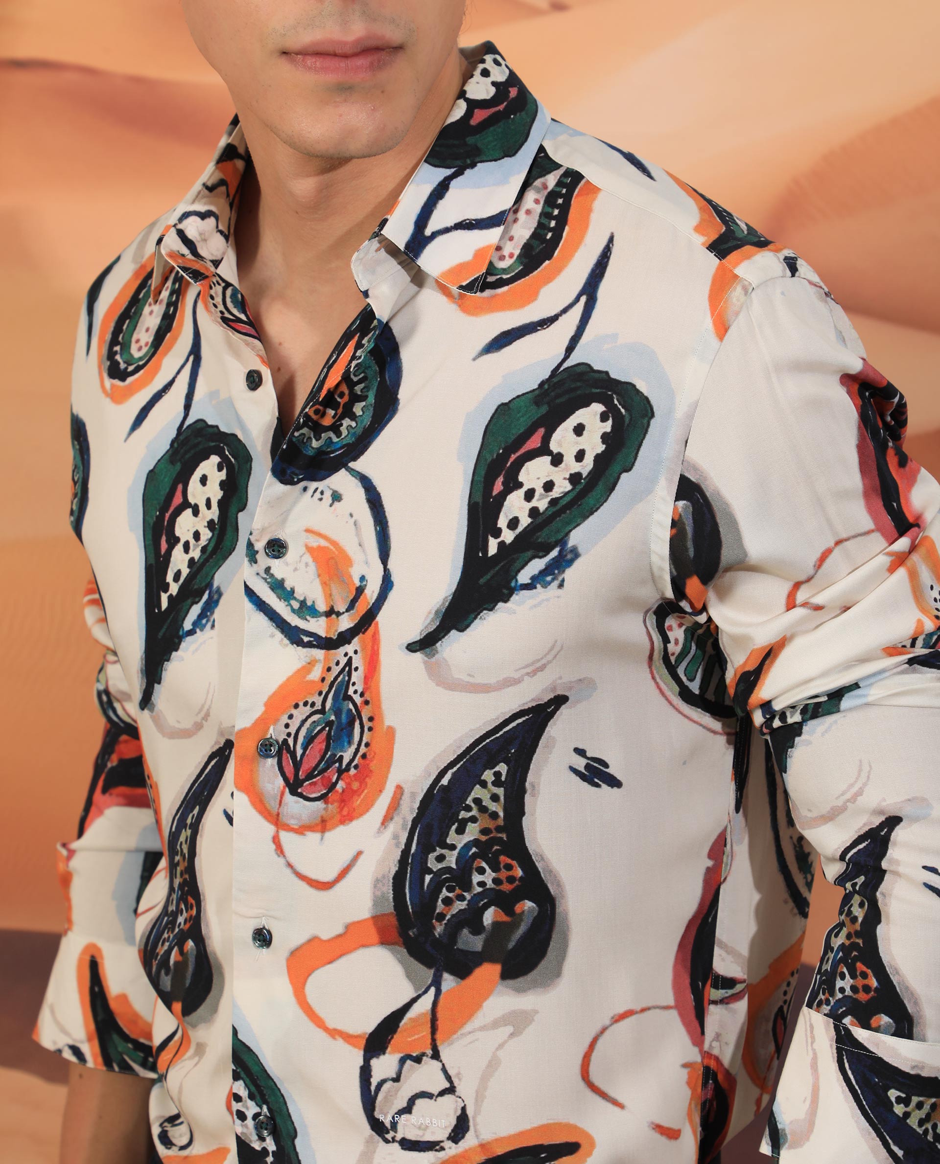 Rare Rabbit Men's Ivys Ls Beige Viscose Paisley Print Regular Fit Full Sleeve Collared Shirt