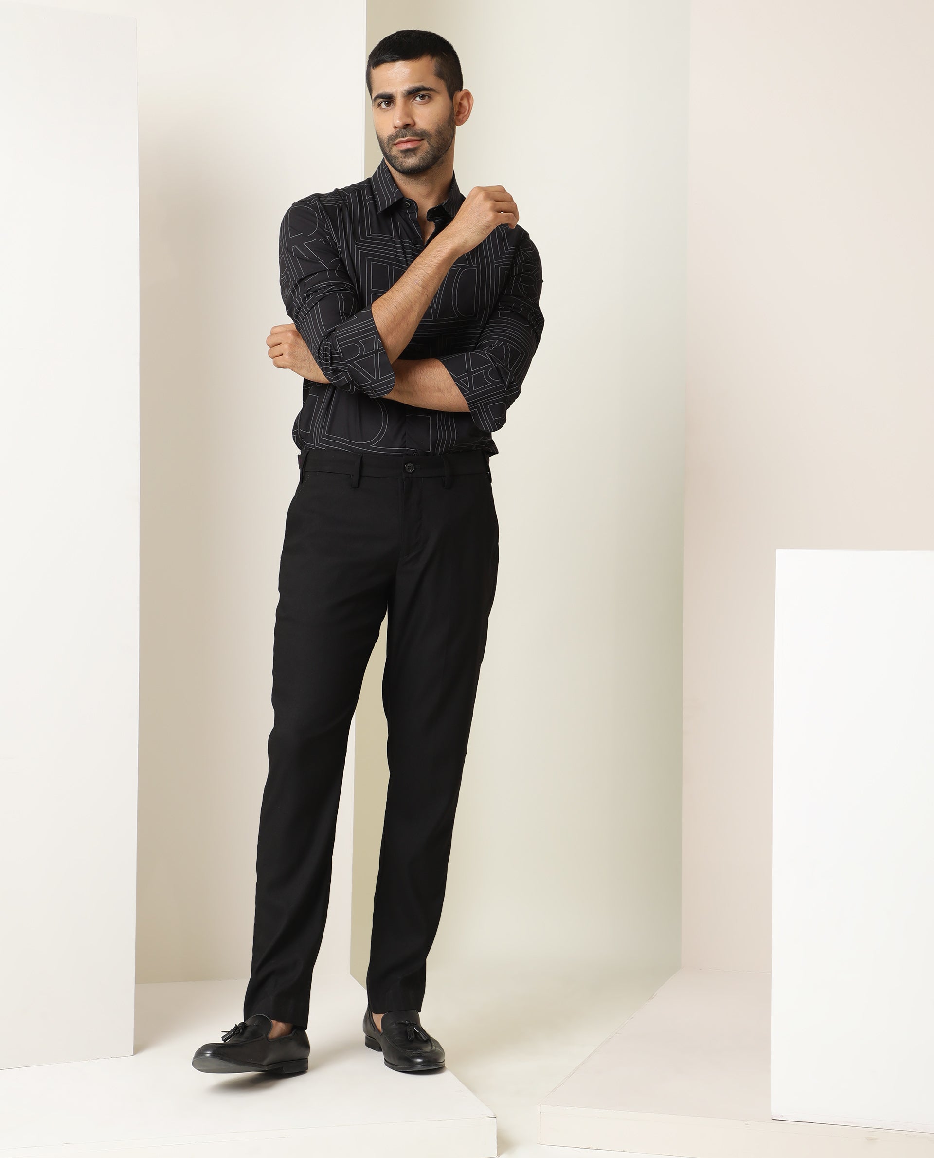 Rare Rabbit Men's Malfor Black Viscose Statement Print Regular Fit Full Sleeve Collared Shirt