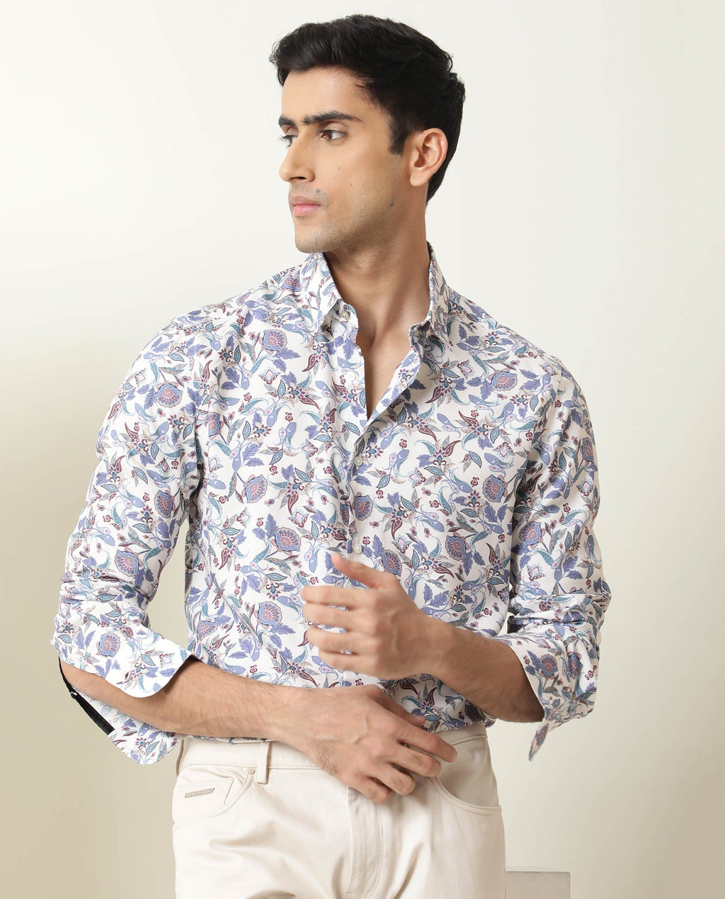 Rare Rabbit Men's Lambos White Cotton Printed Regular Fit Full Sleeve Collared Shirt