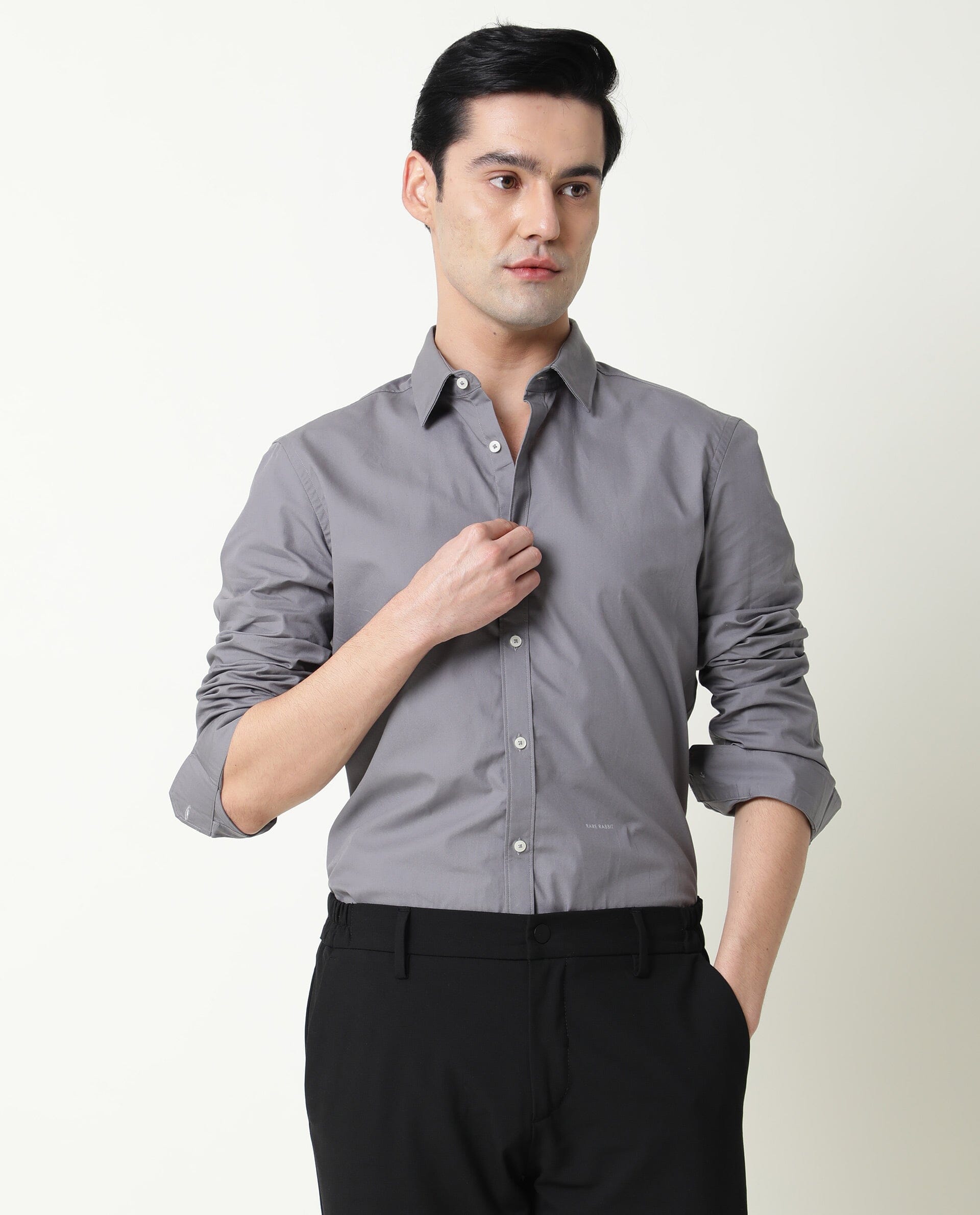 Rare Rabbit Men's Corpo-Zander Grey Cotton Regular Fit Full Sleeve Spread Collar Shirt