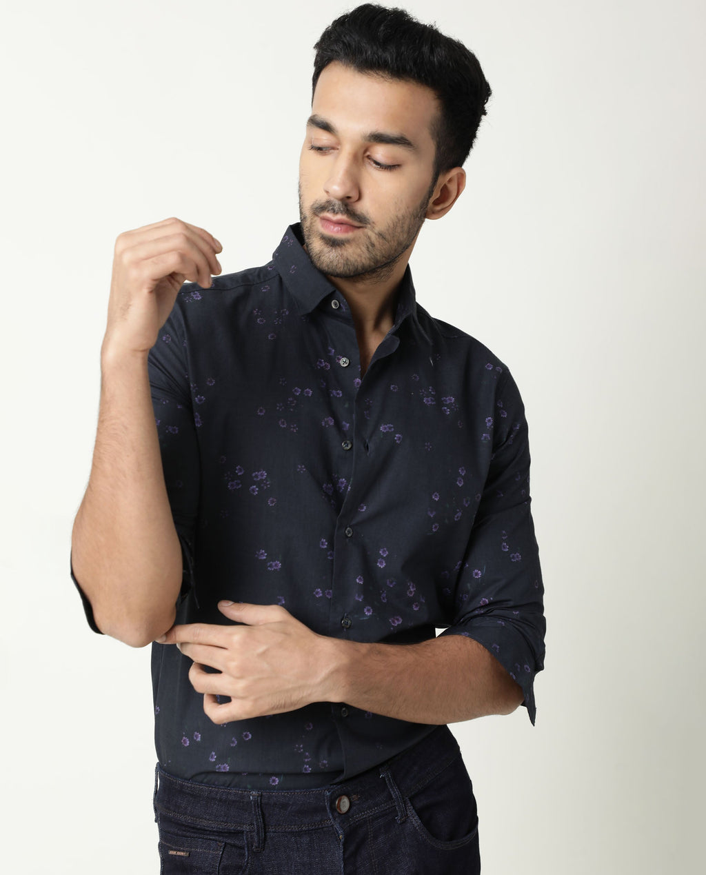 Rare Rabbit Men's Itxy Navy Cotton Graphic Print Regular Fit Full Sleeve Collared Shirt
