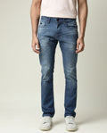 Rare Rabbit Men's Matt-2 Blue Cotton Plain Hawk Slim Fit Jeans