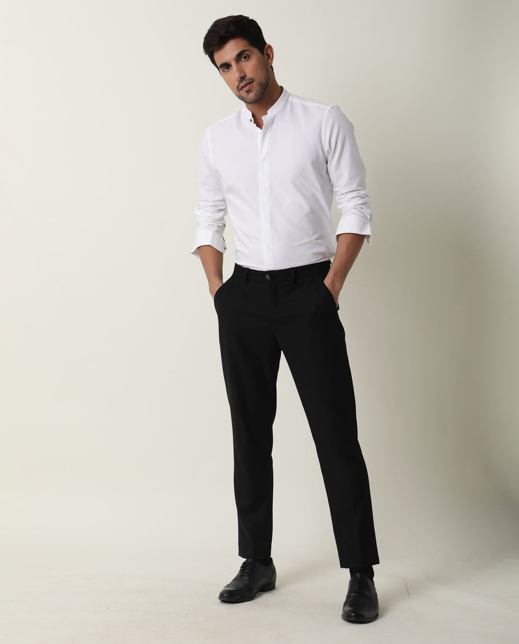 Rare Rabbit Men's Prime White Cotton Plain Regular Fit Full Sleeve Mandarin Collar Shirt