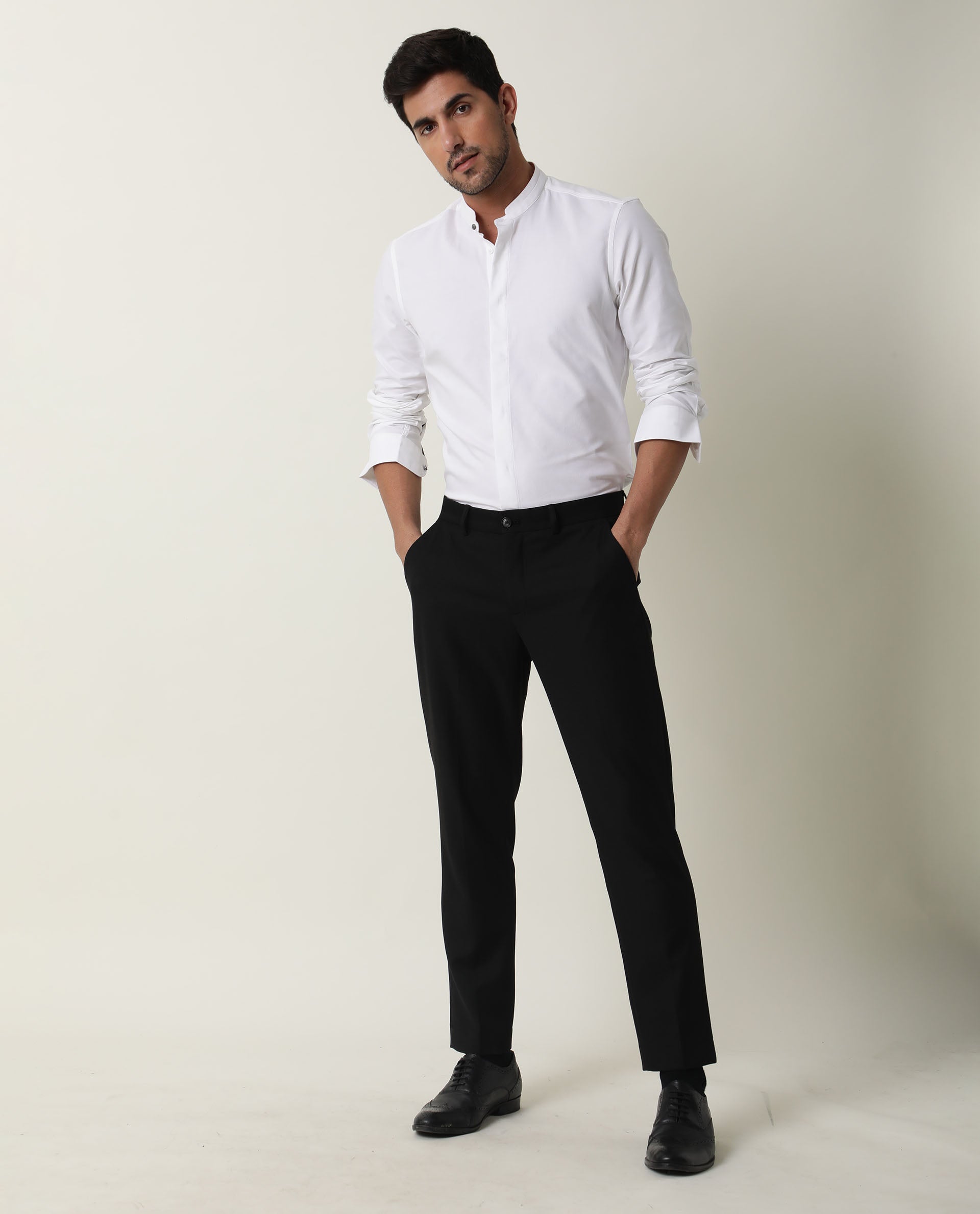 Rare Rabbit Men's Prime White Cotton Plain Regular Fit Full Sleeve Mandarin Collar Shirt