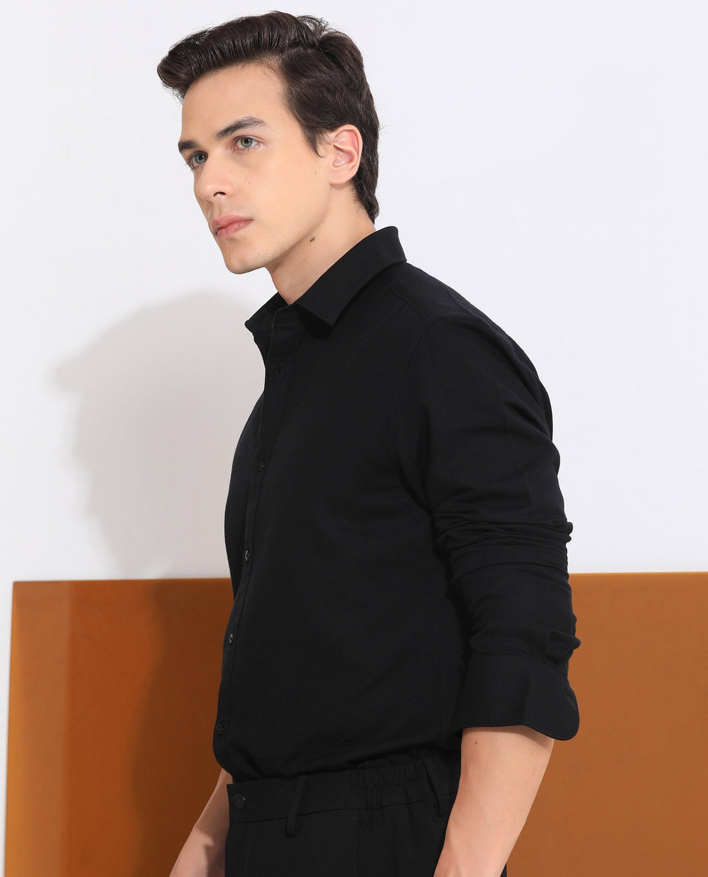 Rare Rabbit Men's Otago Black Cotton Plain Regular Fit Full Sleeve Collared Shirt
