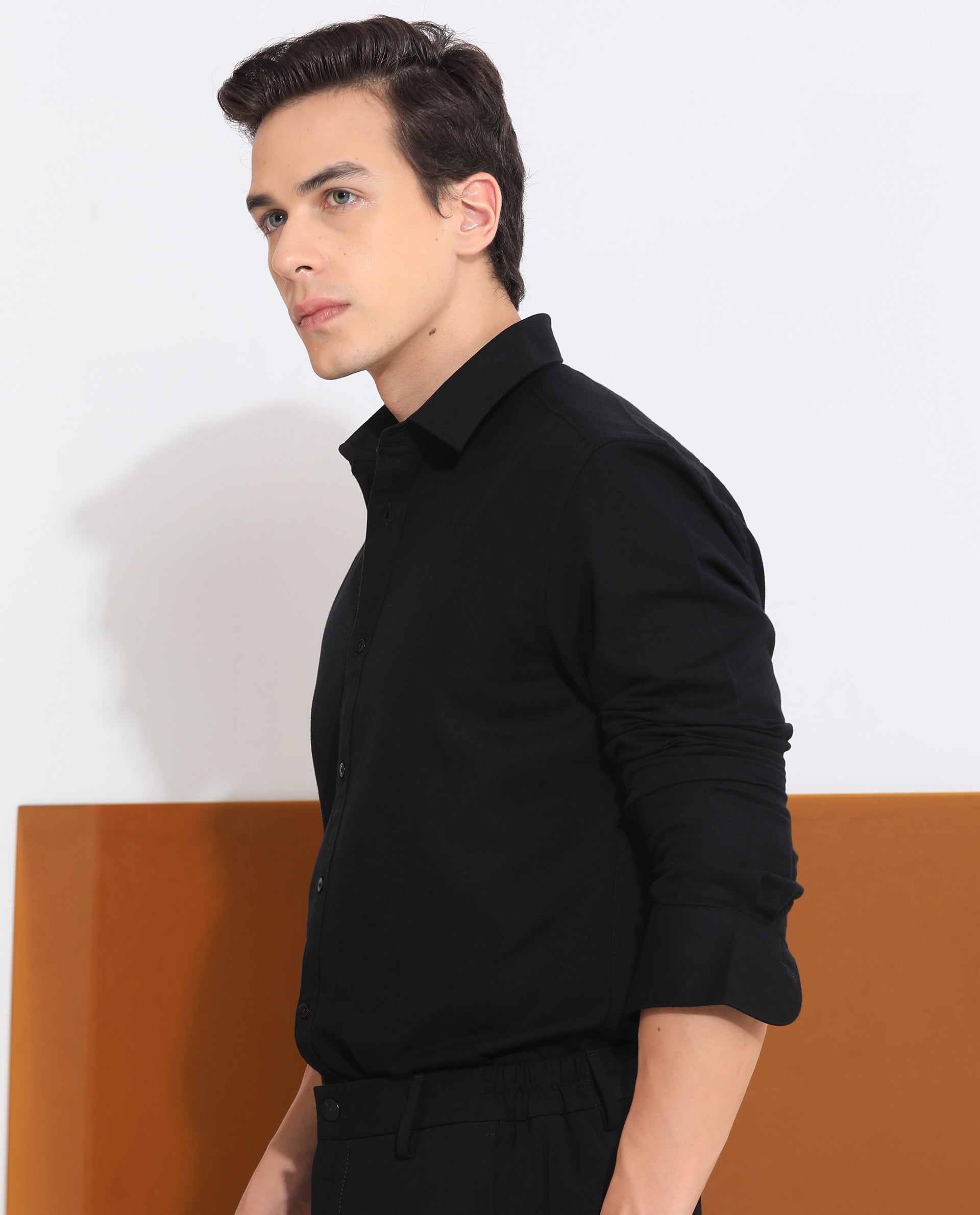 Rare Rabbit Men's Otago Black Cotton Plain Regular Fit Full Sleeve Collared Shirt