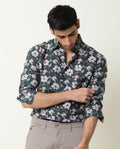Rare Rabbit Men's Paintt Green Cotton Floral Print Regular Fit Full Sleeve Collared Shirt