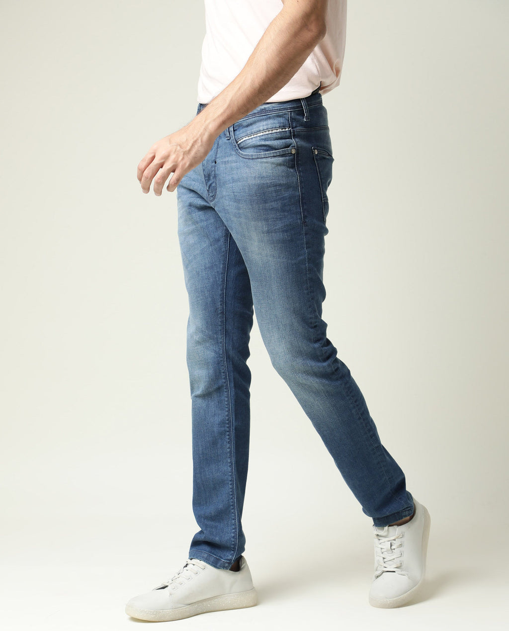 Rare Rabbit Men's Matt-2 Blue Cotton Plain Hawk Slim Fit Jeans