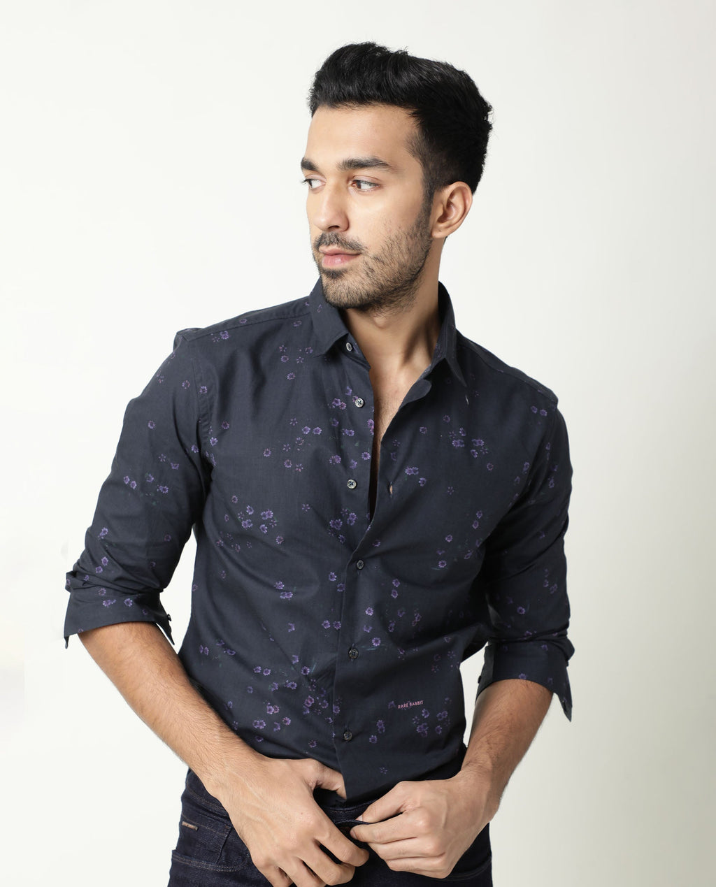 Rare Rabbit Men's Itxy Navy Cotton Graphic Print Regular Fit Full Sleeve Collared Shirt