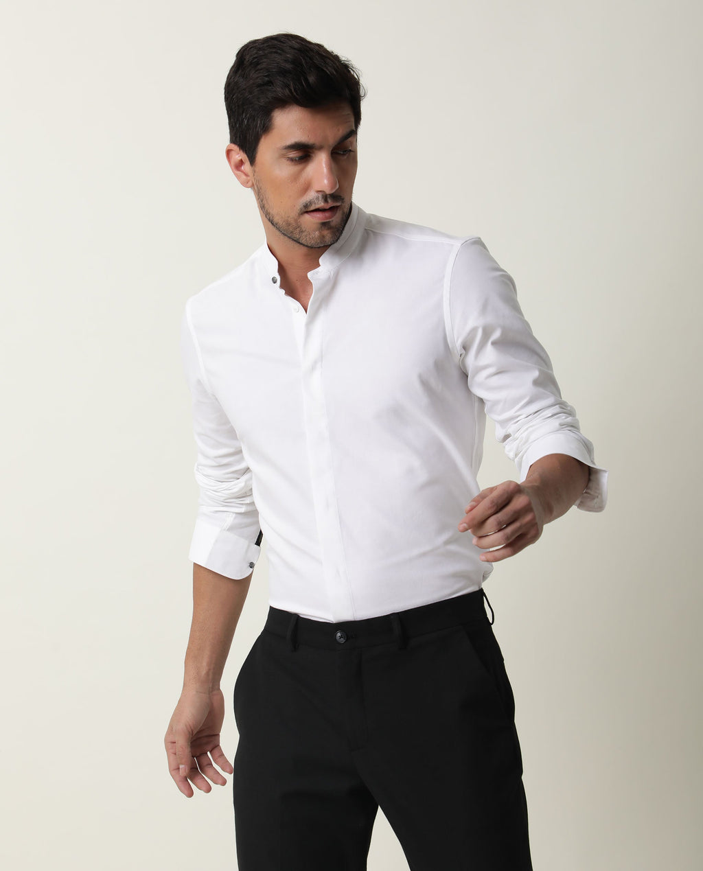 Rare Rabbit Men's Prime White Cotton Plain Regular Fit Full Sleeve Mandarin Collar Shirt