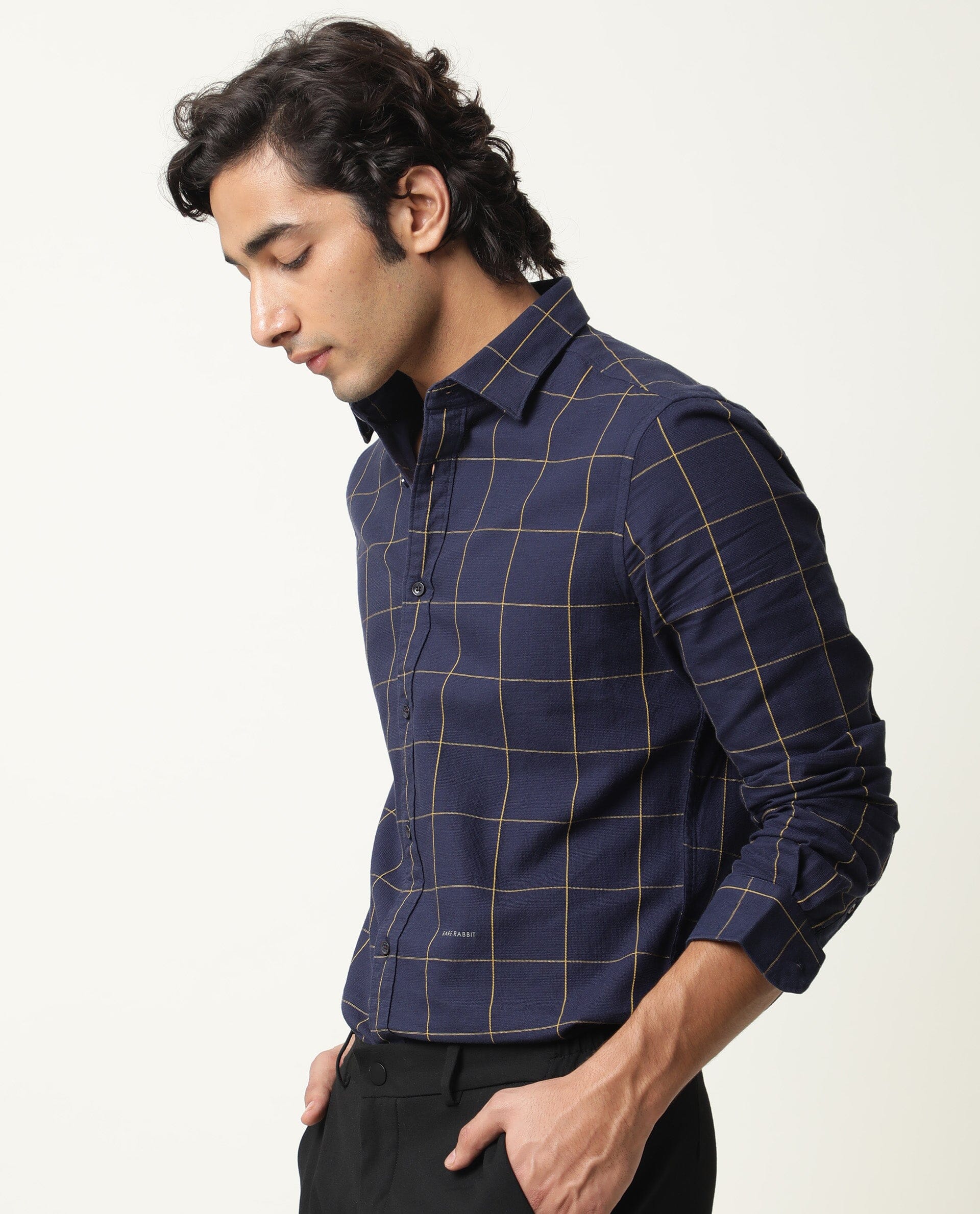 Rare Rabbit Men's Corneto Navy Cotton Checked Print Regular Fit Full Sleeve Collared Shirt