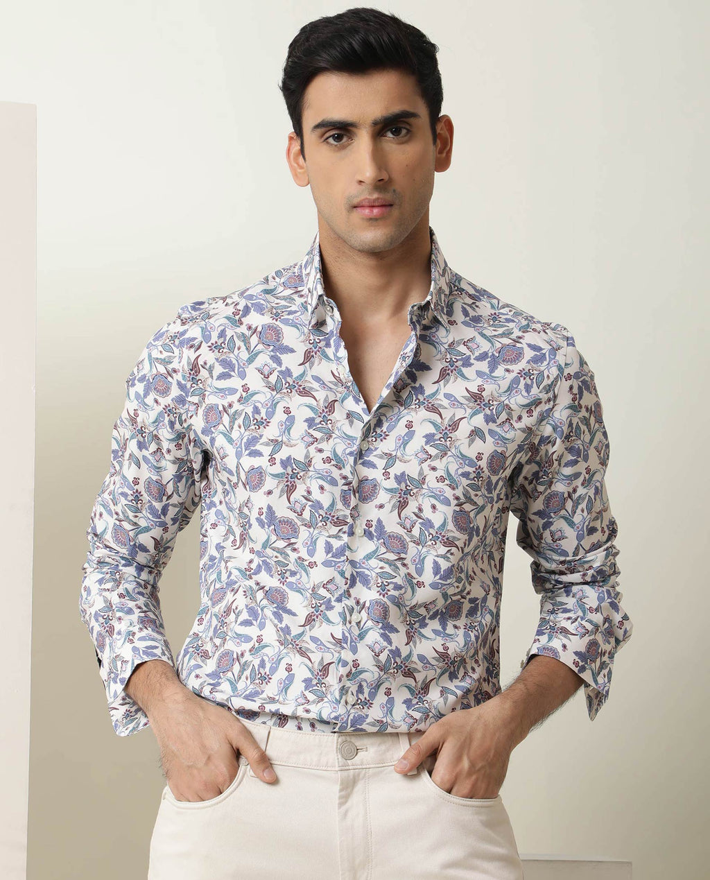 Rare Rabbit Men's Lambos White Cotton Printed Regular Fit Full Sleeve Collared Shirt