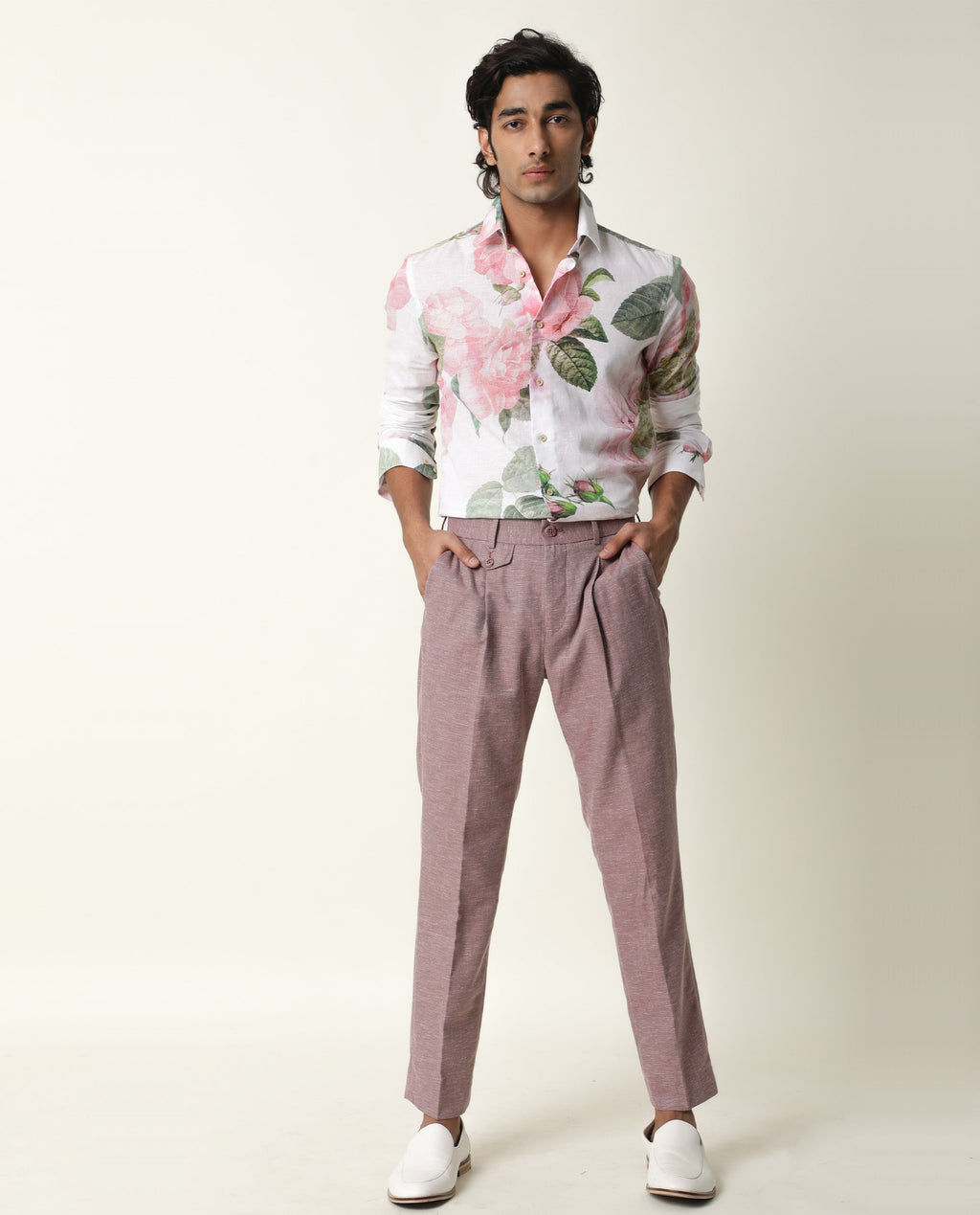 Rare Rabbit Men's Sloven White Cotton Floral Print Regular Fit Full Sleeve Collared Shirt