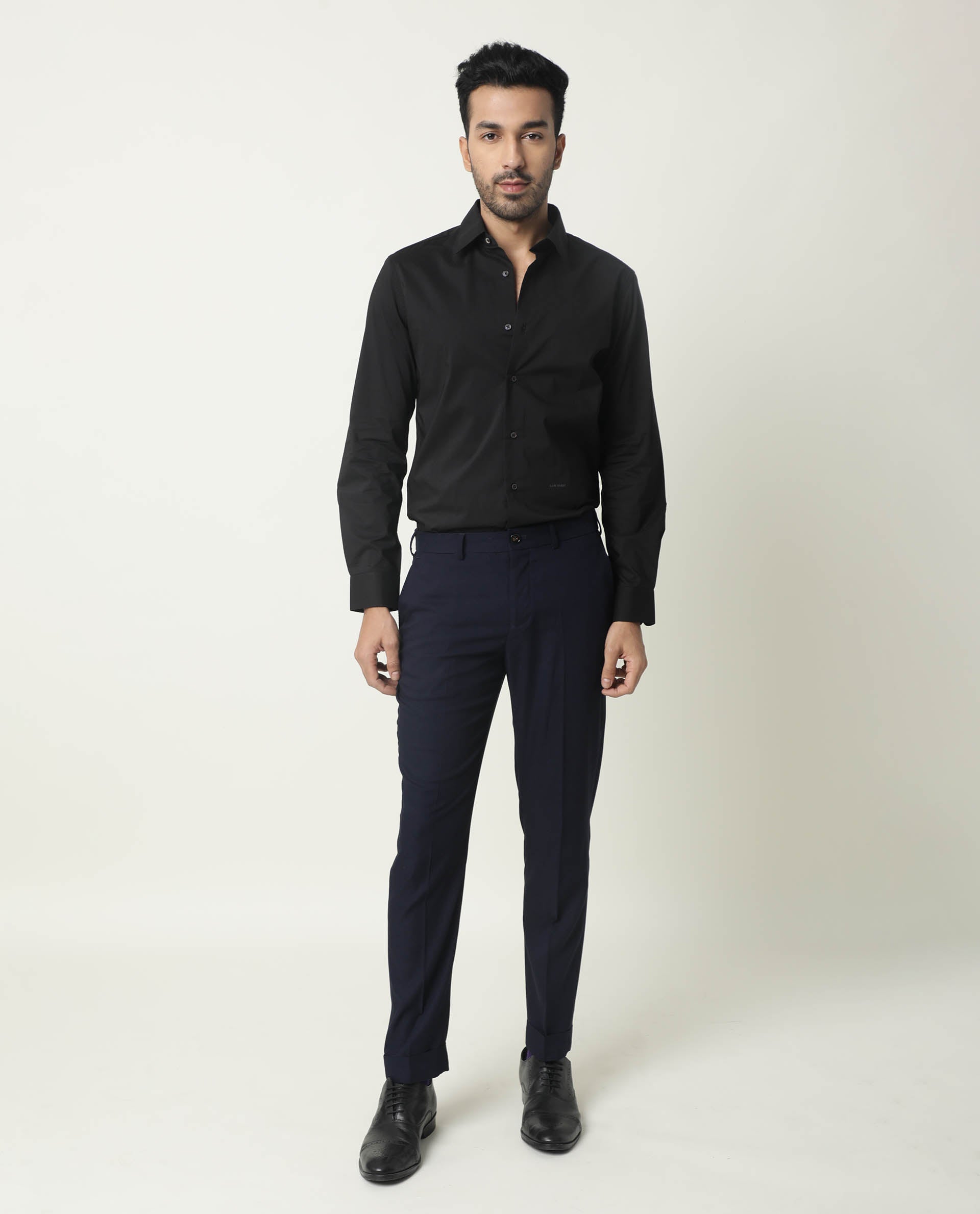 Rare Rabbit Men's Neutro Ls Black Polyester Plain Regular Fit Full Sleeve Collared Shirt