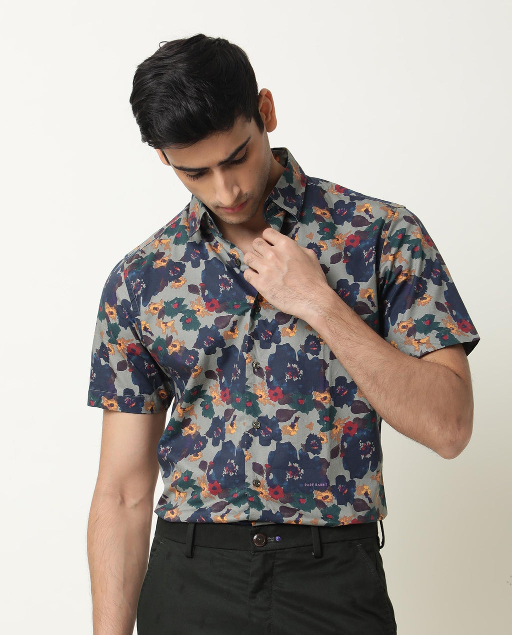 Rare Rabbit Men's Vishh Green Cotton Floral Print Regular Fit Half Sleeve Collared Shirt