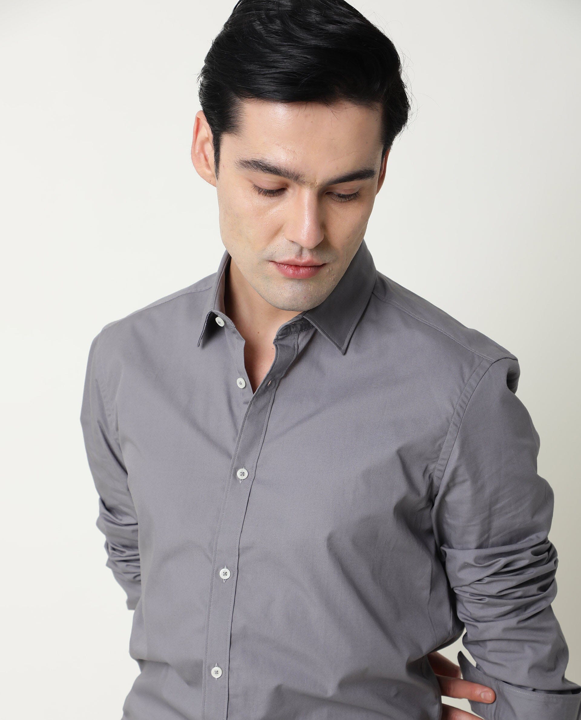Rare Rabbit Men's Corpo-Zander Grey Cotton Regular Fit Full Sleeve Spread Collar Shirt