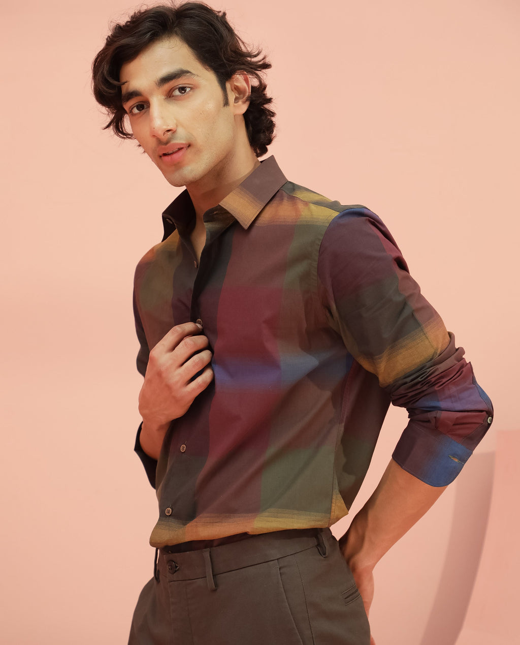 Rare Rabbit Men's Trewen Maroon Cotton Checked Print Regular Fit Full Sleeve Spread Collar Shirt