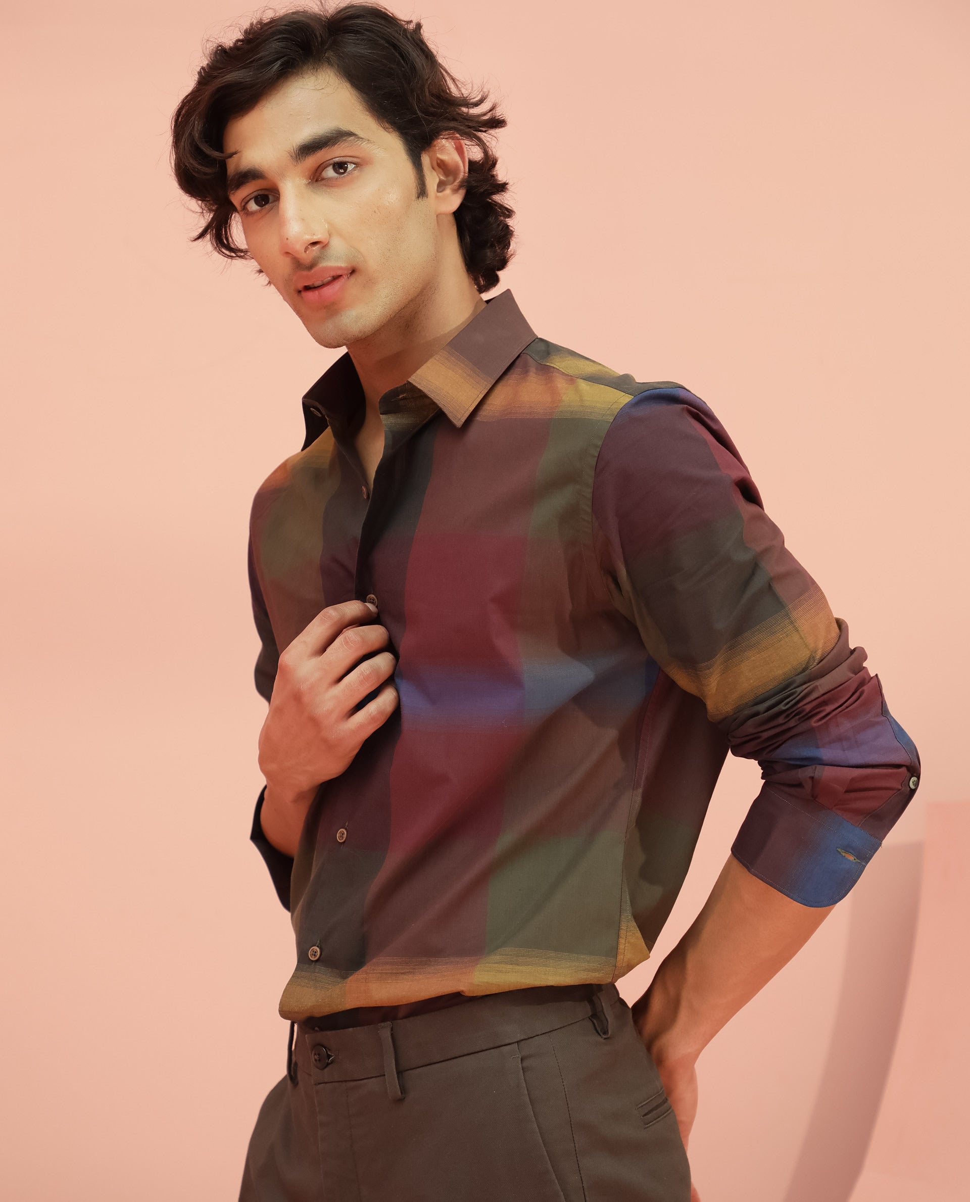 Rare Rabbit Men's Trewen Maroon Cotton Checked Print Regular Fit Full Sleeve Spread Collar Shirt