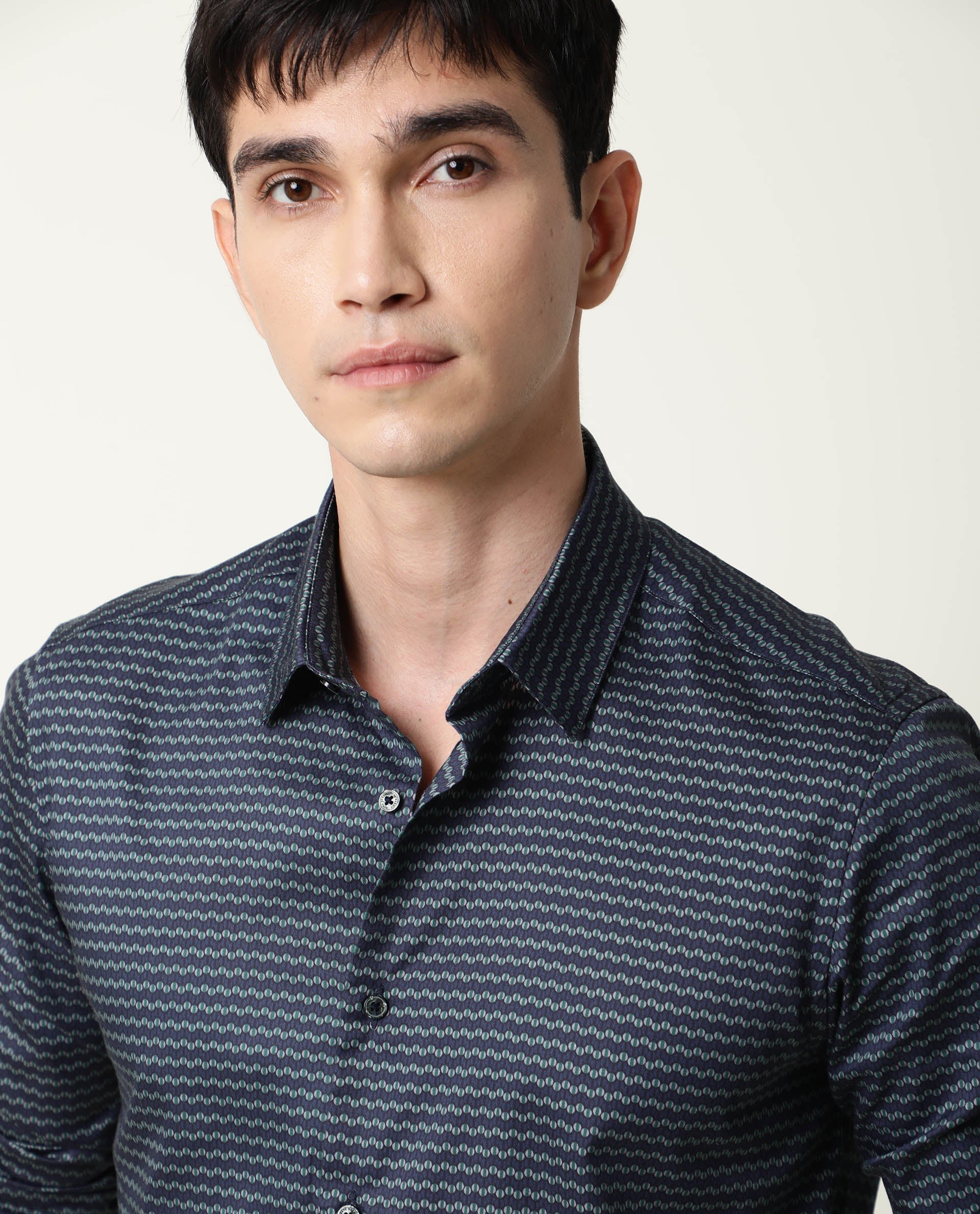 Rare Rabbit Men's Millyy Green Cotton Geometric Print Regular Fit Full Sleeve Collared Shirt