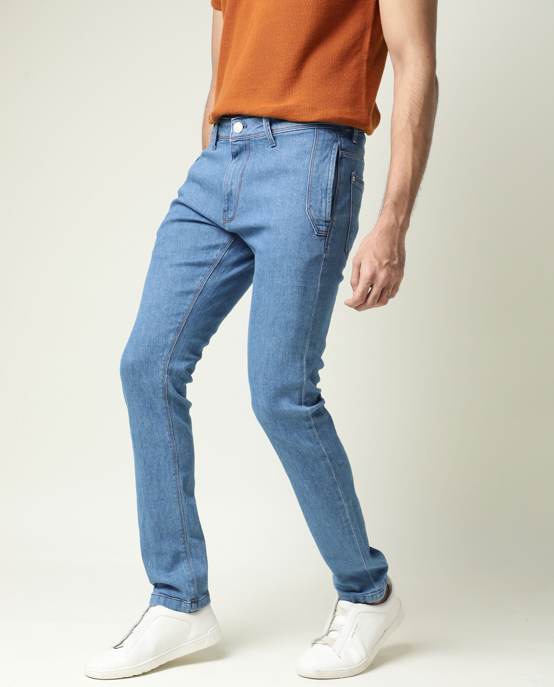 Rare Rabbit Men's Midtas Blue Cotton Plain Hawk Slim Fit Jeans