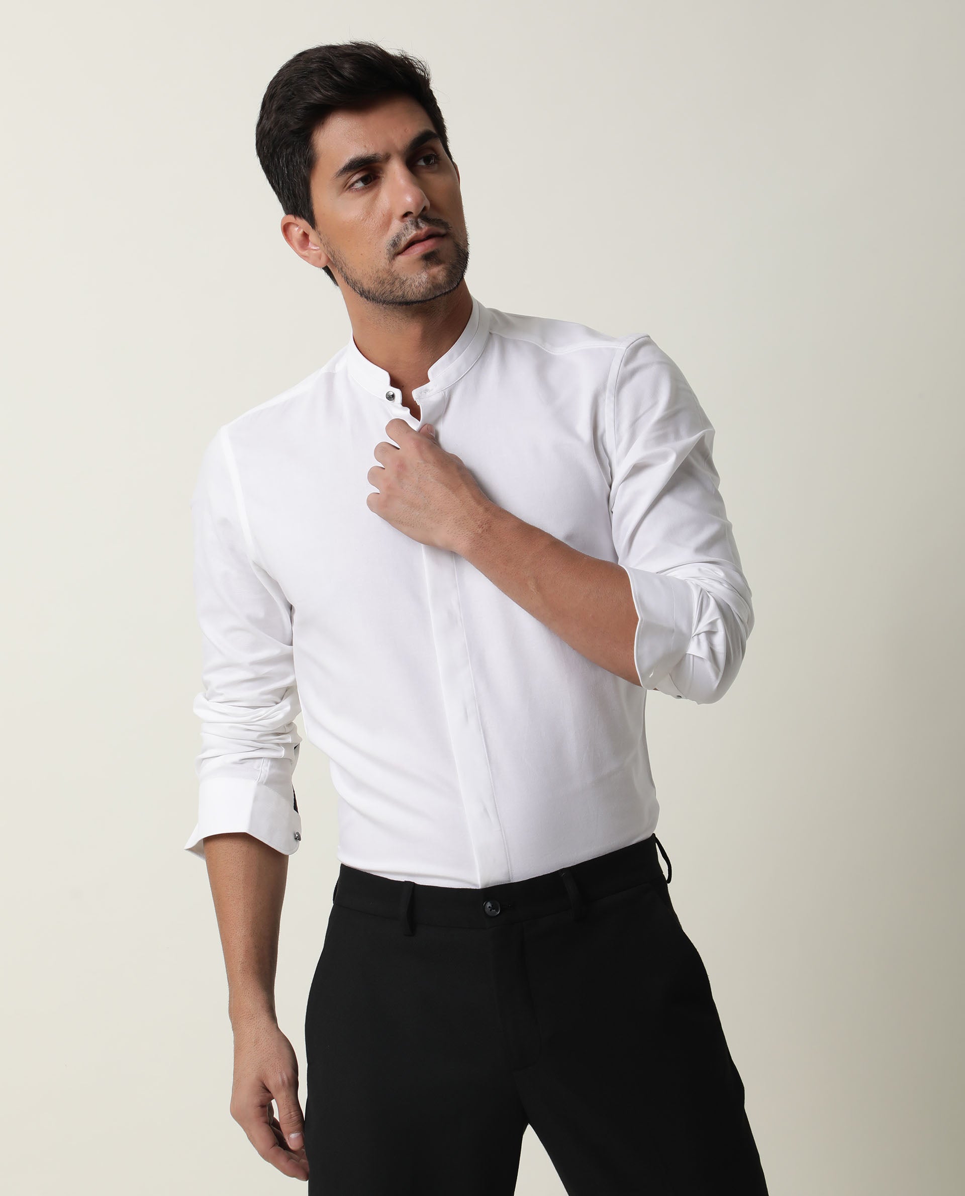 Rare Rabbit Men's Prime White Cotton Plain Regular Fit Full Sleeve Mandarin Collar Shirt