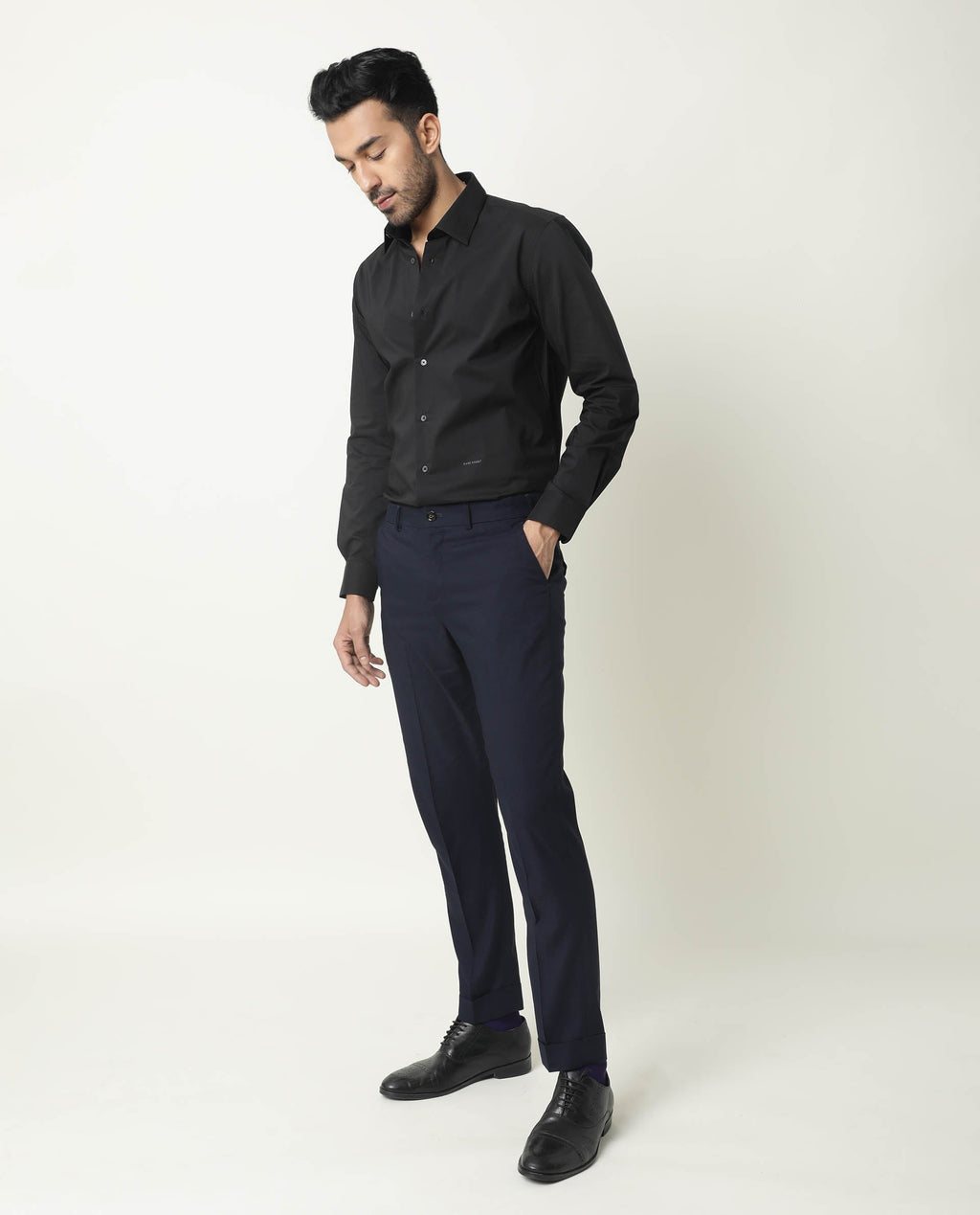Rare Rabbit Men's Neutro Ls Black Polyester Plain Regular Fit Full Sleeve Collared Shirt